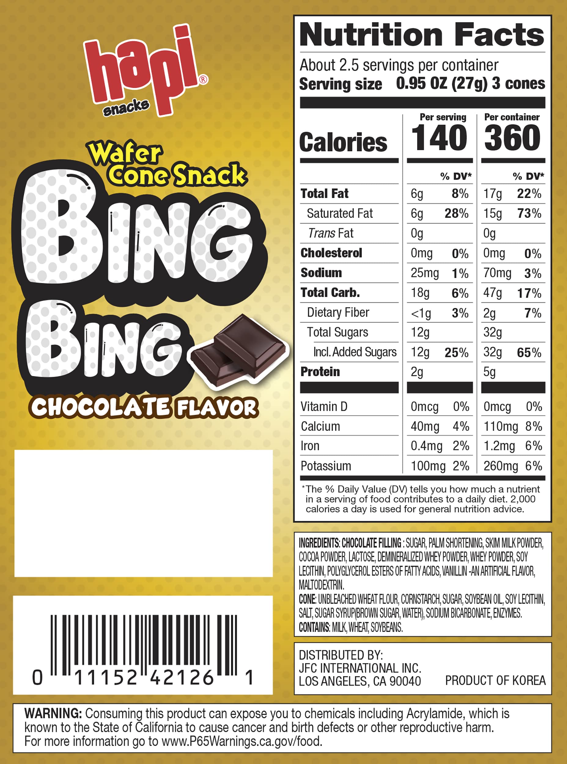 Hapi Bing Bing Cone Snack with Strawberry Flavored Filling, 2.5 Ounce - Collins Global Snack Store