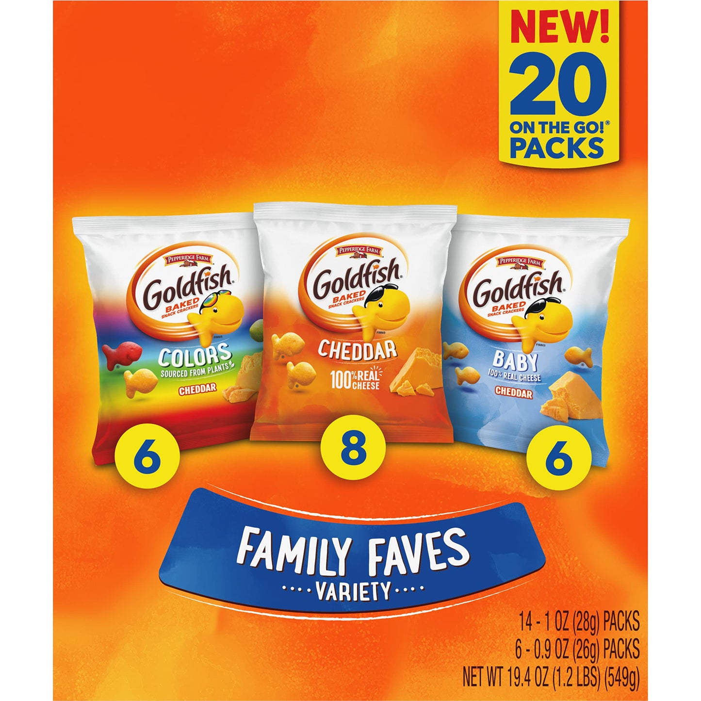 Goldfish Crackers Big Smiles Variety Pack with Cheddar, Colors, and Pretzels, Snack Packs, 30 Ct