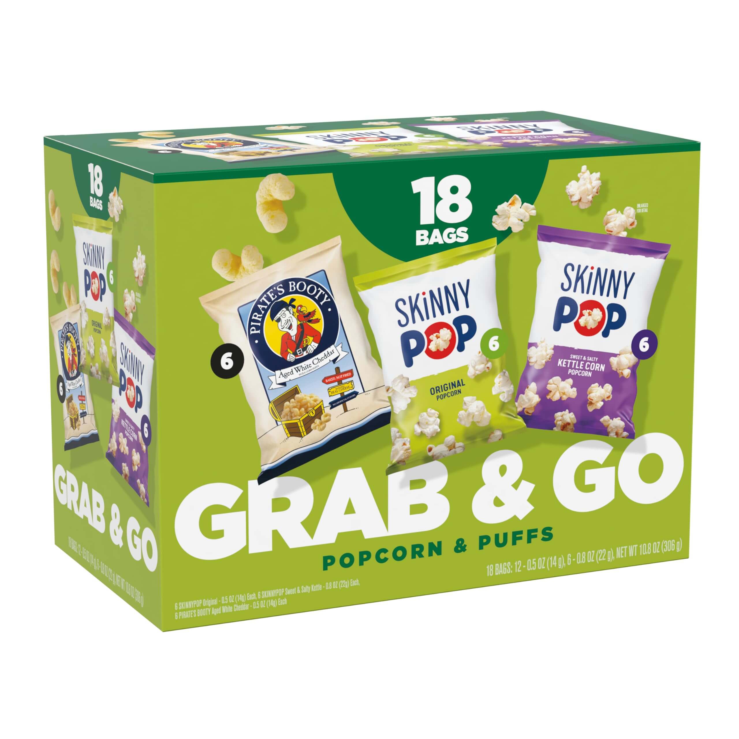 SkinnyPop Family Favorite Variety Pack with 18 bags of popcorn and puffs for convenient snacking.