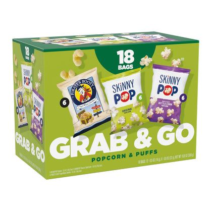 SkinnyPop Family Favorite Variety Pack with 18 bags of popcorn and puffs for convenient snacking.