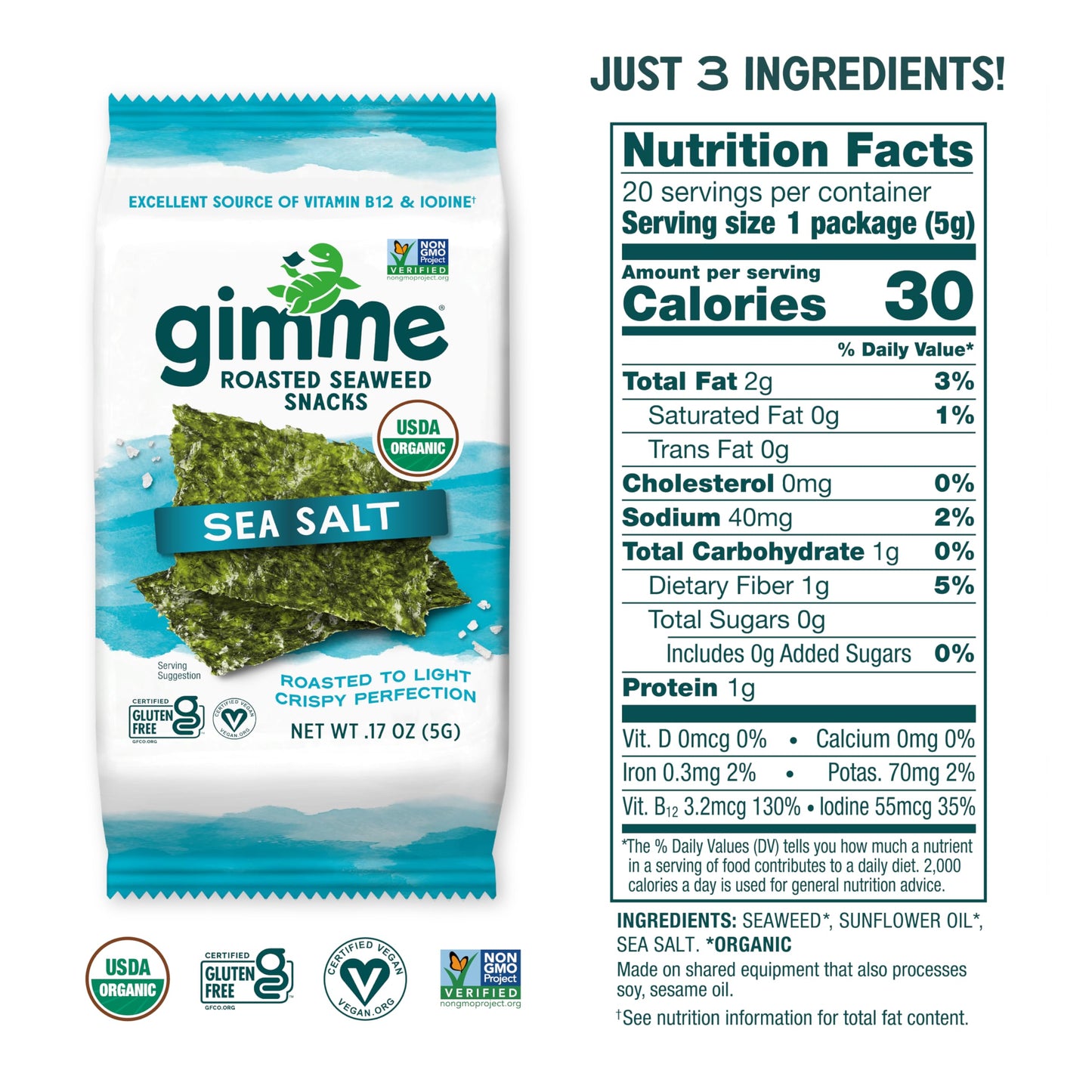 gimMe Organic Roasted Seaweed Sheets, Sea Salt, Keto, Vegan, Gluten Free, Great Source of Iodine and Omega 3’s, Healthy On-The-Go Snack for Kids & Adults, #1 Sea Salt, 0.17 Ounce (Pack of 20)