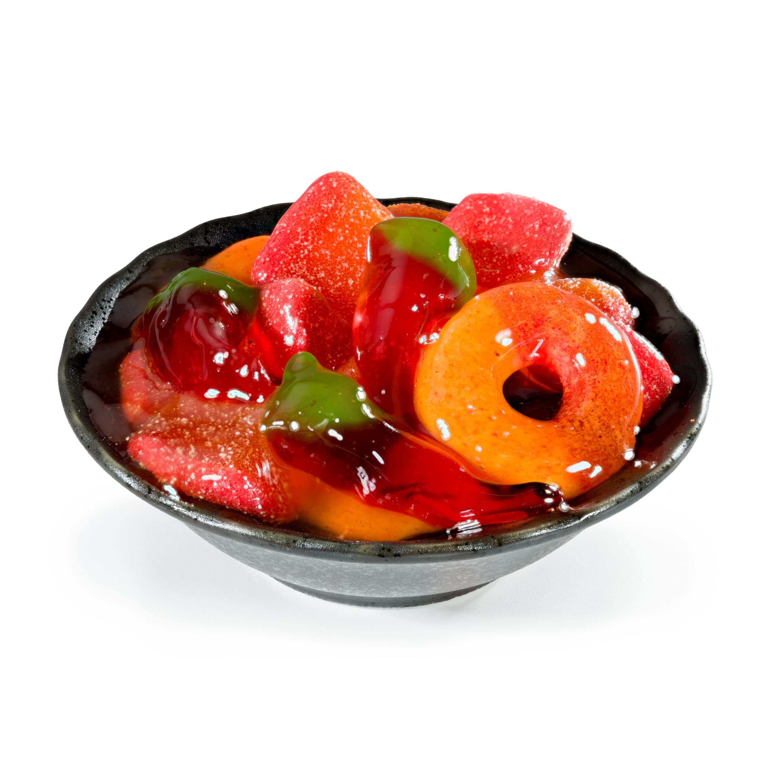Viral Sour Gooey gummies in a black bowl, featuring assorted colorful gummy candies with a fruity texture.