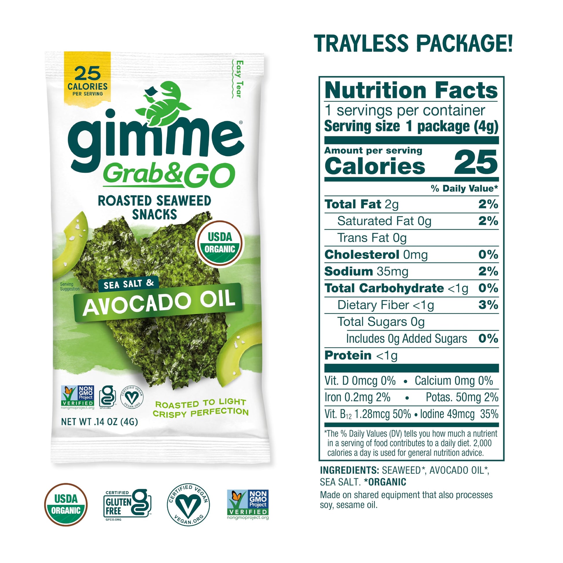 Gimme Seaweed Grab & Go Organic Premium Roasted Seaweed Snacks, Sea Salt & Avocado Oil, 5 Count Trayless, Keto, Vegan, Gluten-Free, Source of Omega3s, Healthy On-The-Go Snack for Kids & Adults - Collins Global Snack Store