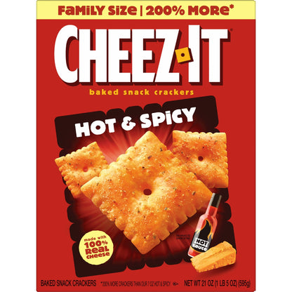 Cheez-It Hot and Spicy Crackers 21oz Family Box with bold seasoning and real cheese.