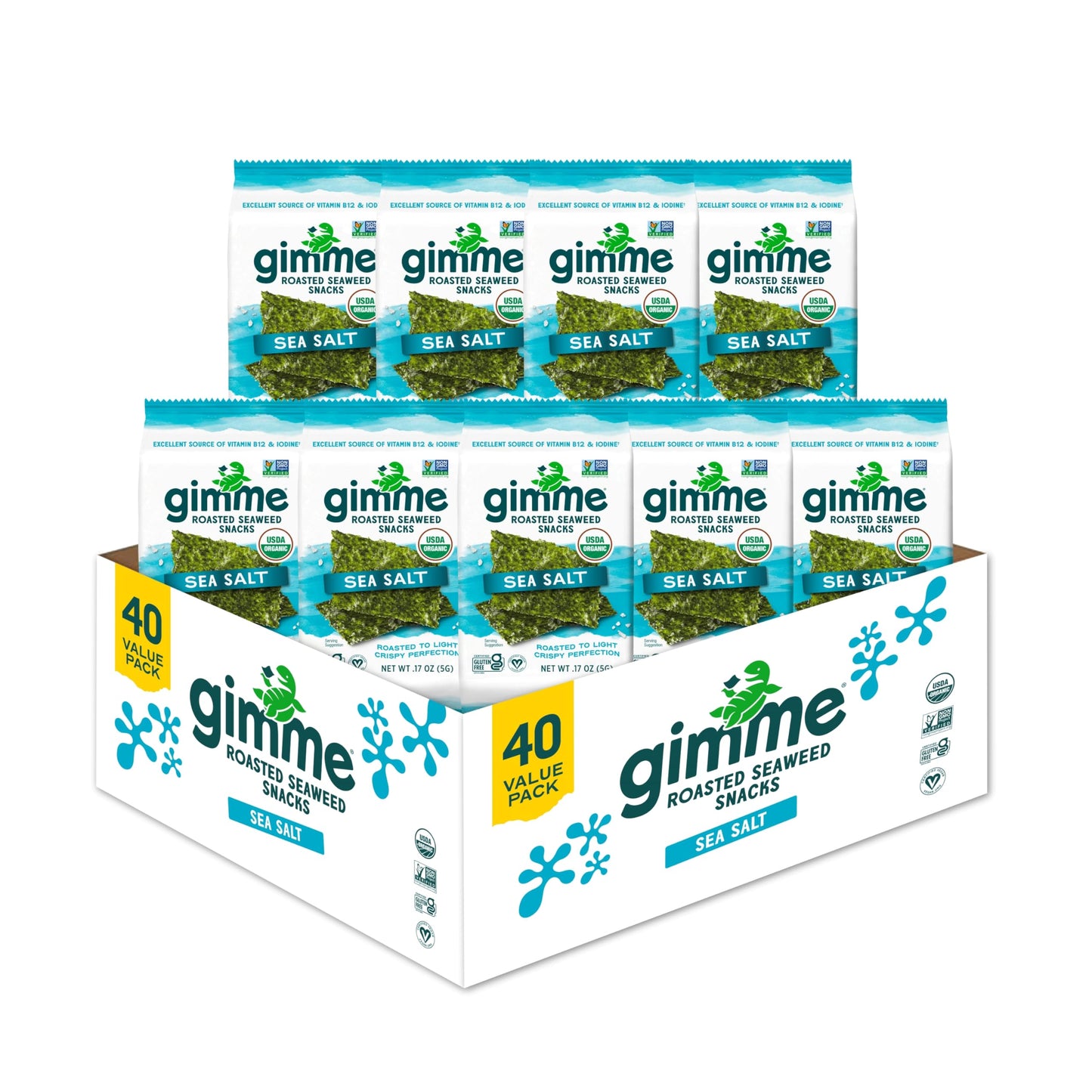 gimMe Organic Roasted Seaweed Sheets, Sea Salt, Keto, Vegan, Gluten Free, Great Source of Iodine and Omega 3’s, Healthy On-The-Go Snack for Kids & Adults, #1 Sea Salt, 0.17 Ounce (Pack of 20) - Collins Global Snack Store