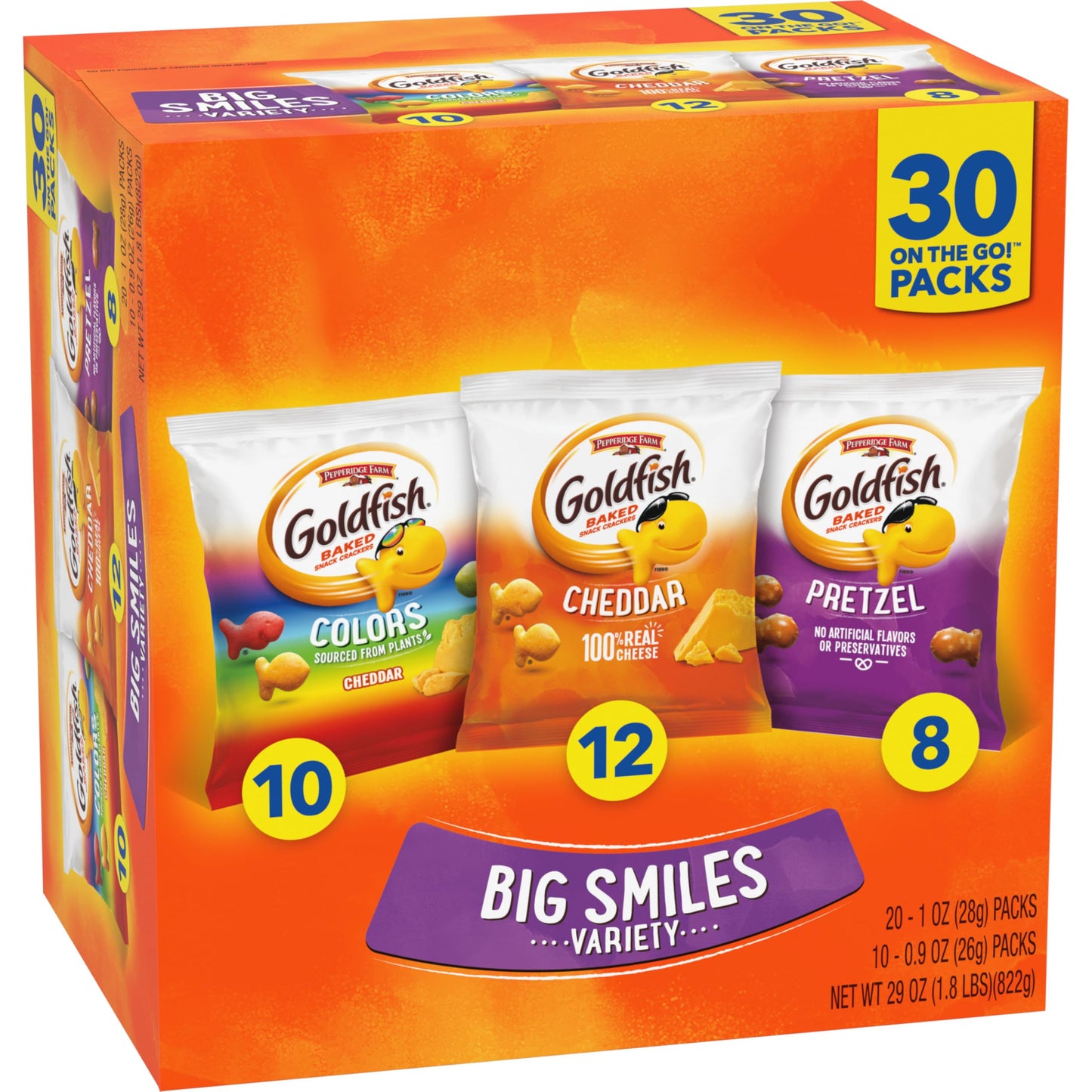 Goldfish Crackers Big Smiles Variety Pack with Cheddar, Colors, and Pretzels, Snack Packs, 30 Ct - Collins Global Snack Store