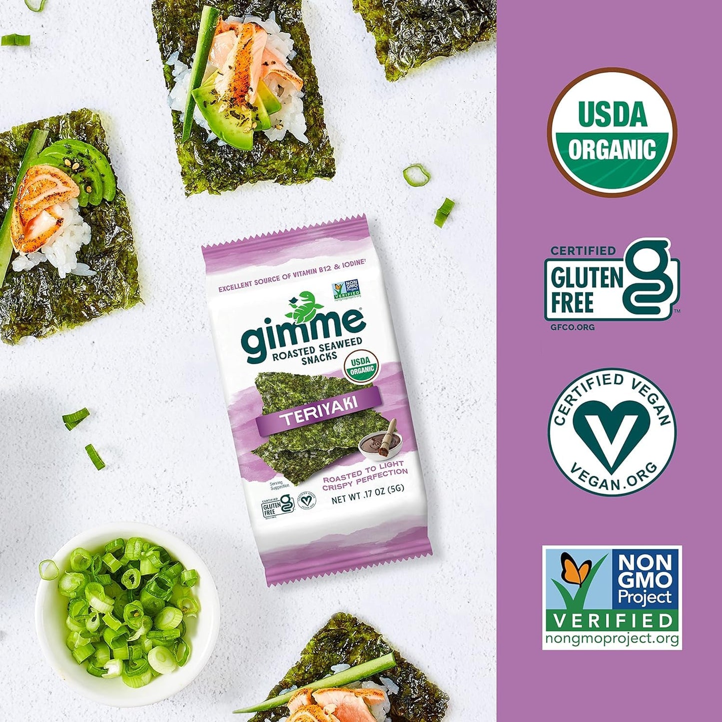 gimMe Organic Roasted Seaweed Sheets, Sea Salt, Keto, Vegan, Gluten Free, Great Source of Iodine and Omega 3’s, Healthy On-The-Go Snack for Kids & Adults, #1 Sea Salt, 0.17 Ounce (Pack of 20) - Collins Global Snack Store