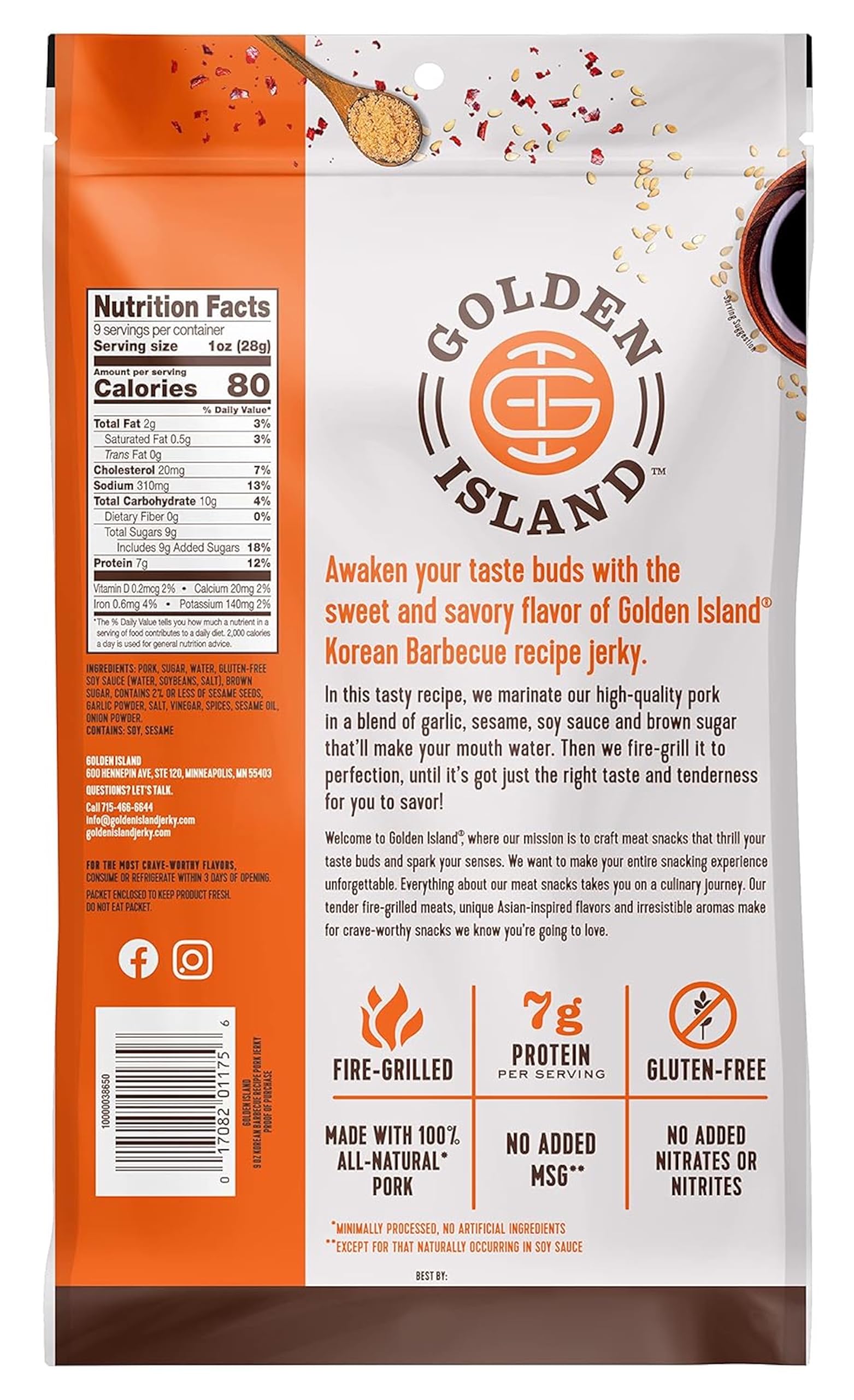 Golden Island Pork Jerky Korean BBQ Flavored, Specialty Meat Snack, Gluten Free with Korean Barbecue Seasoning, Bite Sized Sweet and Savory Protein Snack, 7g of Protein Per Serving, 9 Oz (2 Pack) - Collins Global Snack Store