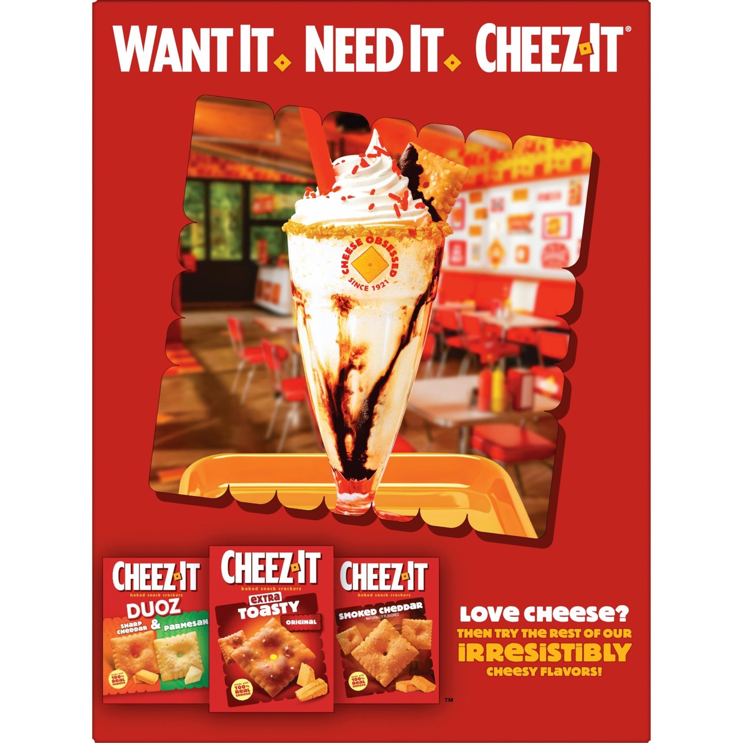 Cheez-It Hot and Spicy Crackers product promotion with an ice cream sundae and Cheez-It snack varieties.