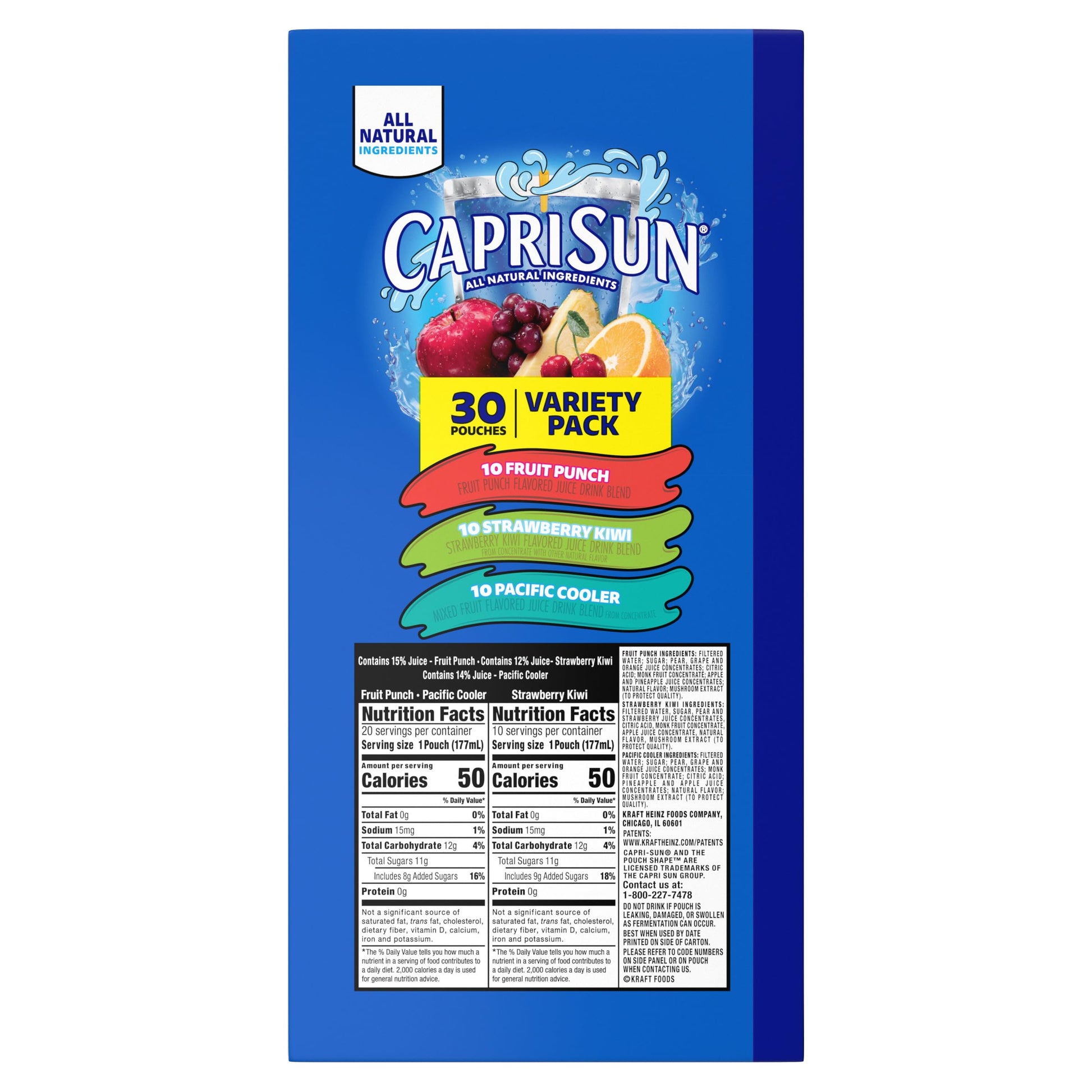 Capri Sun Fruit Punch, Strawberry Kiwi and Pacific Cooler Flavored Juice Drink Blend Variety Pack, 30 ct Box, 6 fl oz Pouches - Collins Global Snack Store