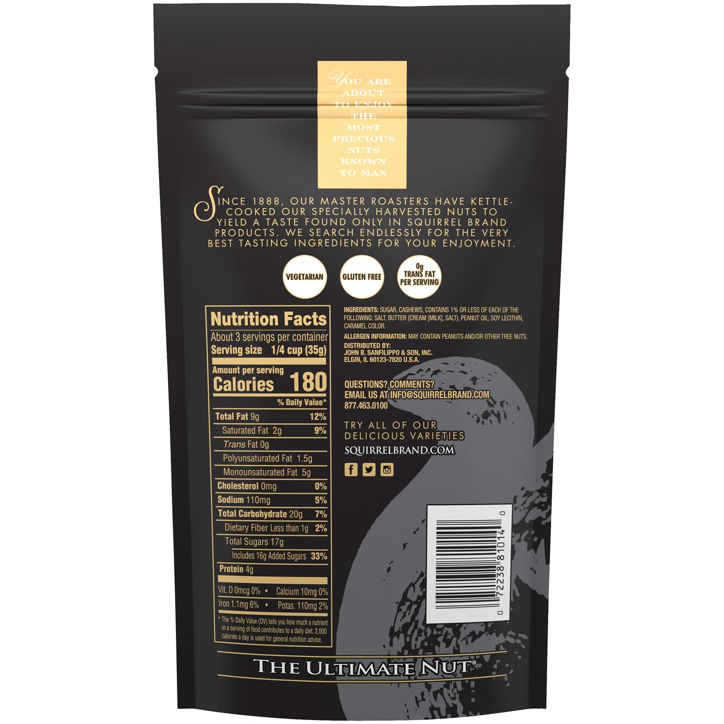 Squirrel Brand Sweet Brown Butter Cashews, 3.5 Ounces Resealable Bag, Gluten Free, Vegetarian - Collins Global Snack Store