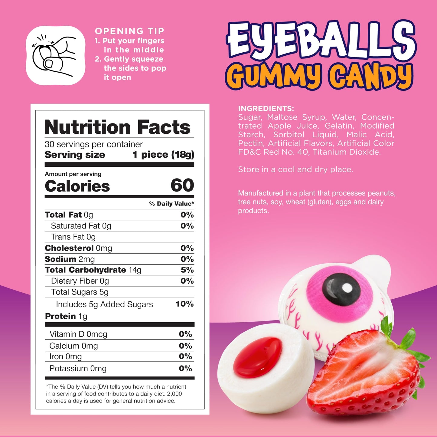 Funtasty Eyeballs Gummy Candy - 19 Oz Jar (30 Count) - Strawberry Jelly Filled Spooky Eyes Gummies