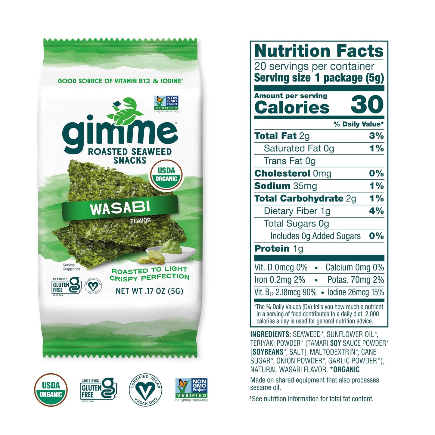 gimMe Organic Roasted Seaweed Sheets, Sea Salt, Keto, Vegan, Gluten Free, Great Source of Iodine and Omega 3’s, Healthy On-The-Go Snack for Kids & Adults, #1 Sea Salt, 0.17 Ounce (Pack of 20) - Collins Global Snack Store