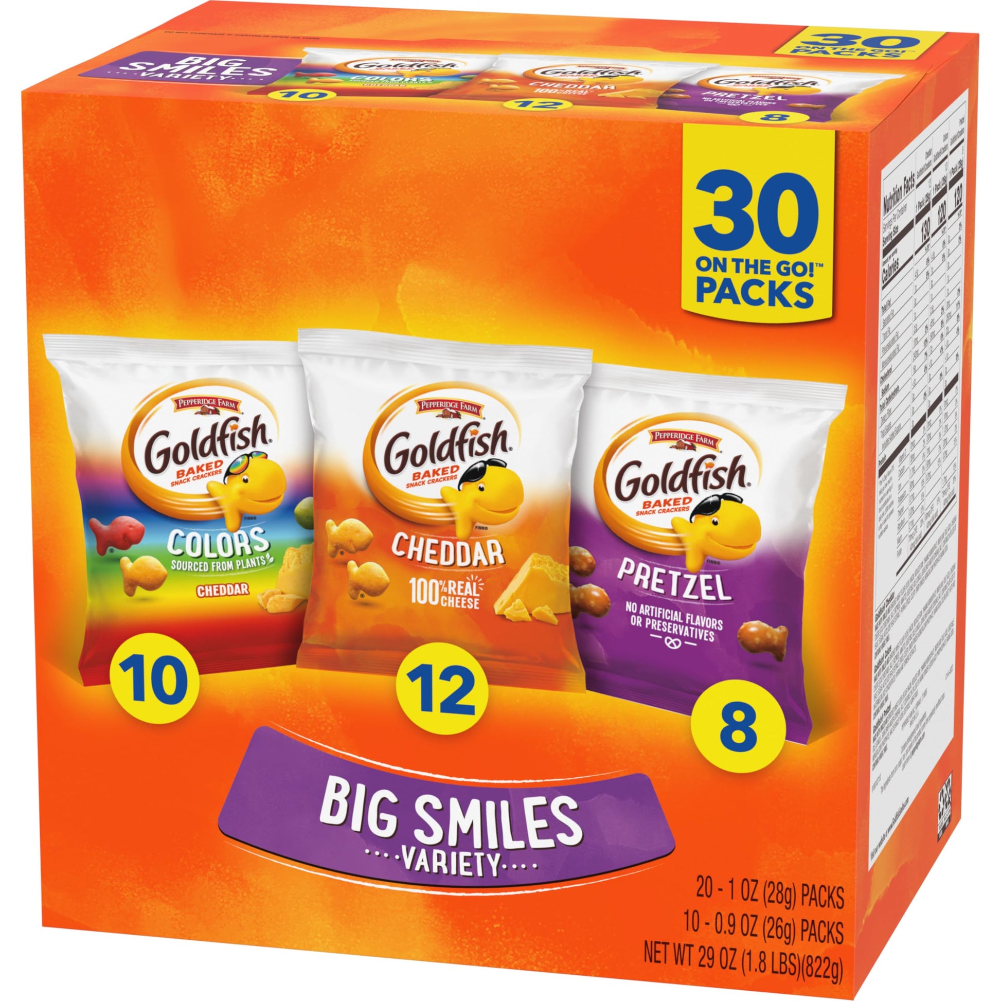 Goldfish Crackers Big Smiles Variety Pack with Cheddar, Colors, and Pretzels, Snack Packs, 30 Ct - Collins Global Snack Store