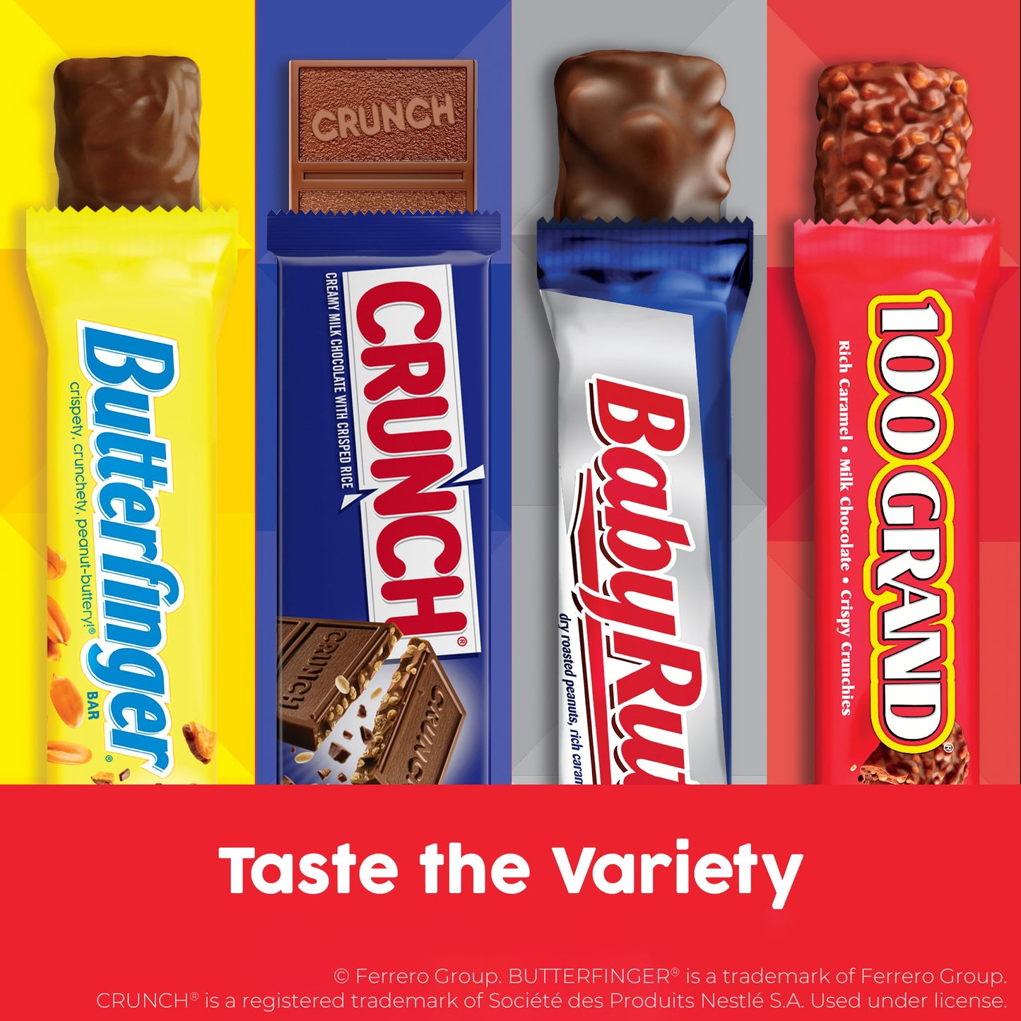 Butterfinger, CRUNCH, Baby Ruth, 100 Grand, Assorted Bulk Candy Bar Variety Pack Full Size, 28-Count, 48 oz - Collins Global Snack Store