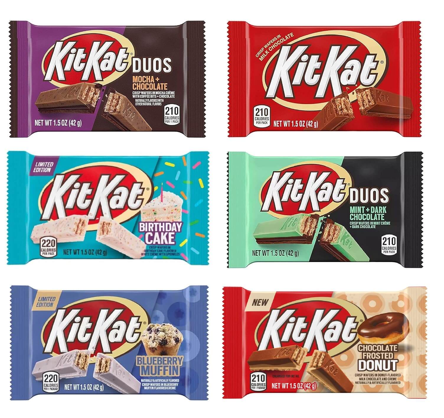Hershey's KitKat 6 Bars Variety Assortment Mix Bundle Pack Chocolate Candy Singles - Milk - Dark- Mint - Mocha - Strawberry - Blueberry Muffin, 1.5 ounces - Collins Global Snack Store
