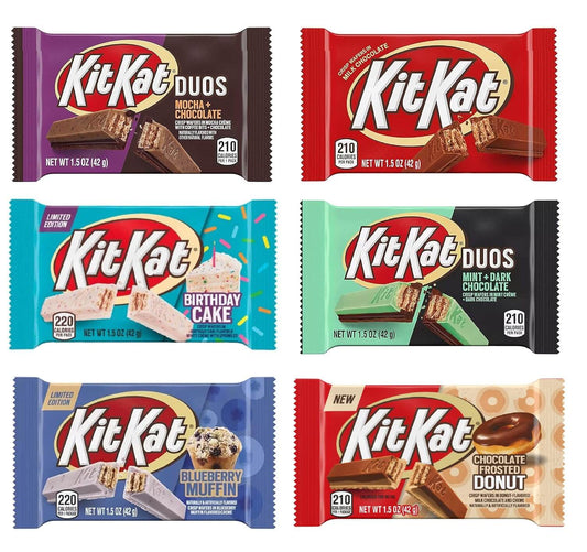 Hershey's KitKat 6 Bars Variety Assortment Mix Bundle Pack Chocolate Candy Singles - Milk - Dark- Mint - Mocha - Strawberry - Blueberry Muffin, 1.5 ounces - Collins Global Snack Store