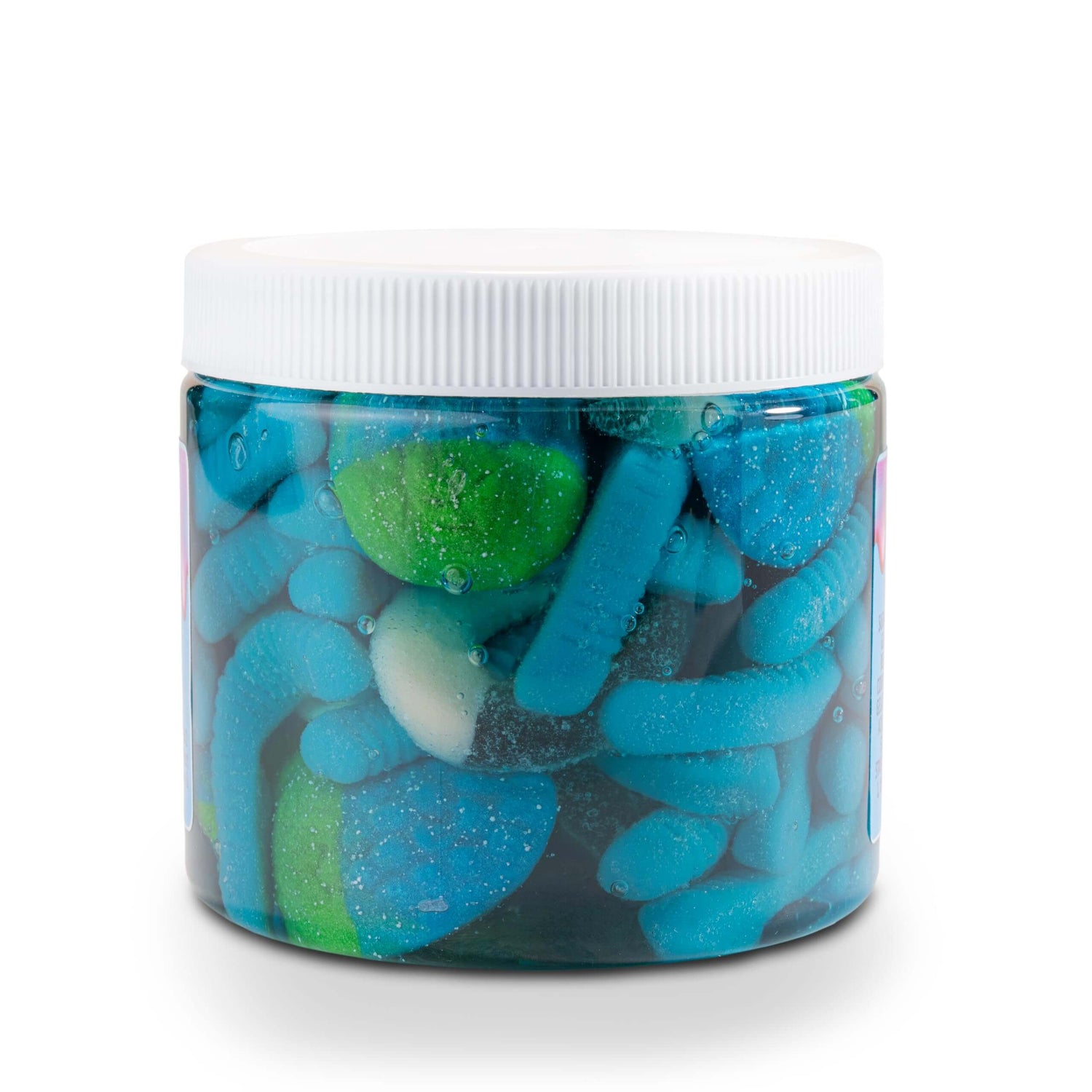 Viral Sour Gooey Gummies in a clear jar showcasing vibrant blue and green candies.