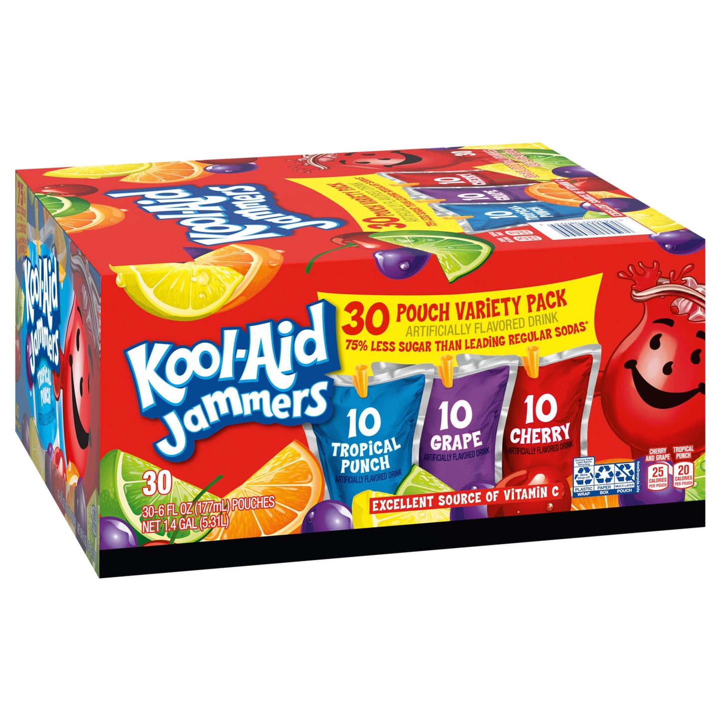 Kool-Aid Jammers Tropical Punch, Grape & Cherry Flavored 0% Juice Drink Variety Pack, 30 ct Box, 6 fl oz Pouches - Collins Global Snack Store