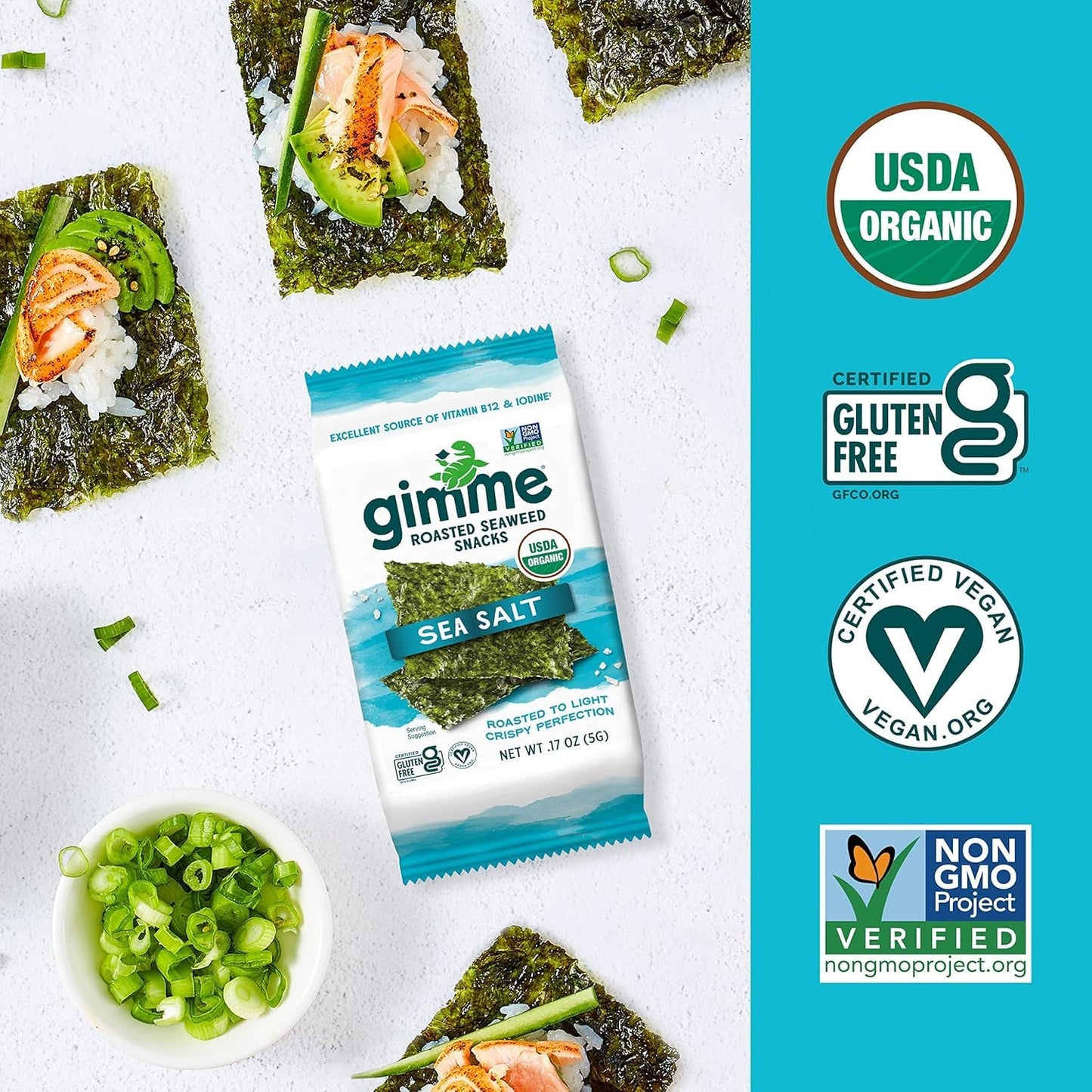gimMe Organic Roasted Seaweed Sheets, Sea Salt, Keto, Vegan, Gluten Free, Great Source of Iodine and Omega 3’s, Healthy On-The-Go Snack for Kids & Adults, #1 Sea Salt, 0.17 Ounce (Pack of 20) - Collins Global Snack Store