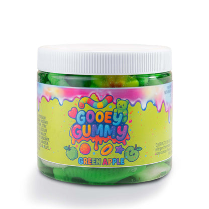 Viral Sour Gooey Gummies – Green Apple flavor candy jar with colorful gummies.