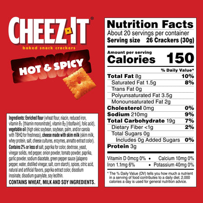 Cheez-It Hot and Spicy Crackers nutrition facts and ingredient list in a 21oz family box.