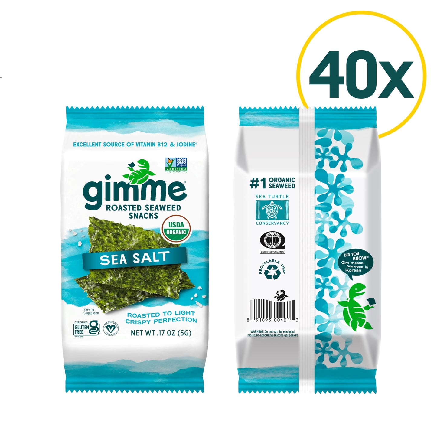 gimMe Organic Roasted Seaweed Sheets, Sea Salt, Keto, Vegan, Gluten Free, Great Source of Iodine and Omega 3’s, Healthy On-The-Go Snack for Kids & Adults, #1 Sea Salt, 0.17 Ounce (Pack of 20)