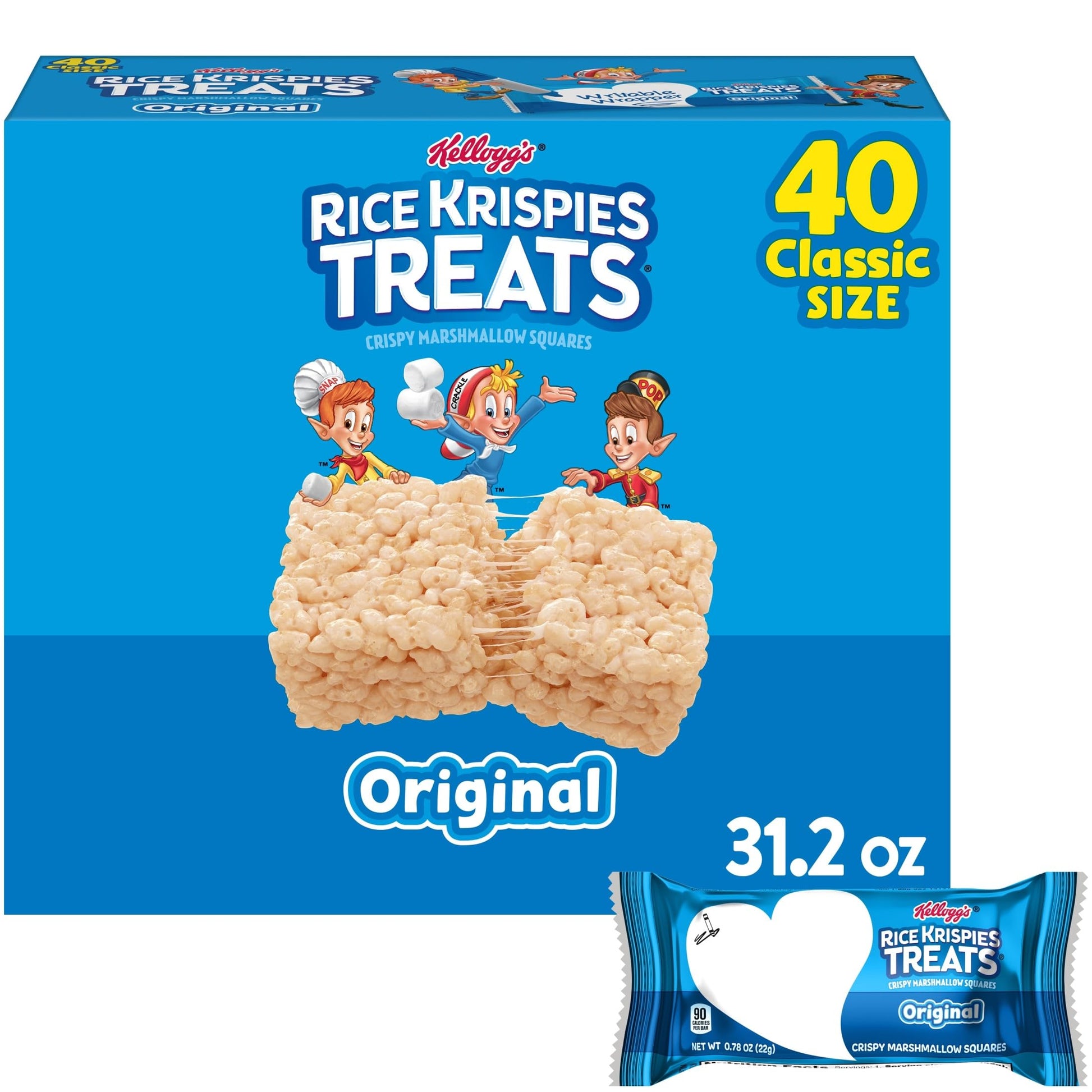 Rice Krispies Treats Crispy Marshmallow Squares, Kids Snacks, Snack Bars, Original, 31.2oz Box (40 Bars) - Collins Global Snack Store