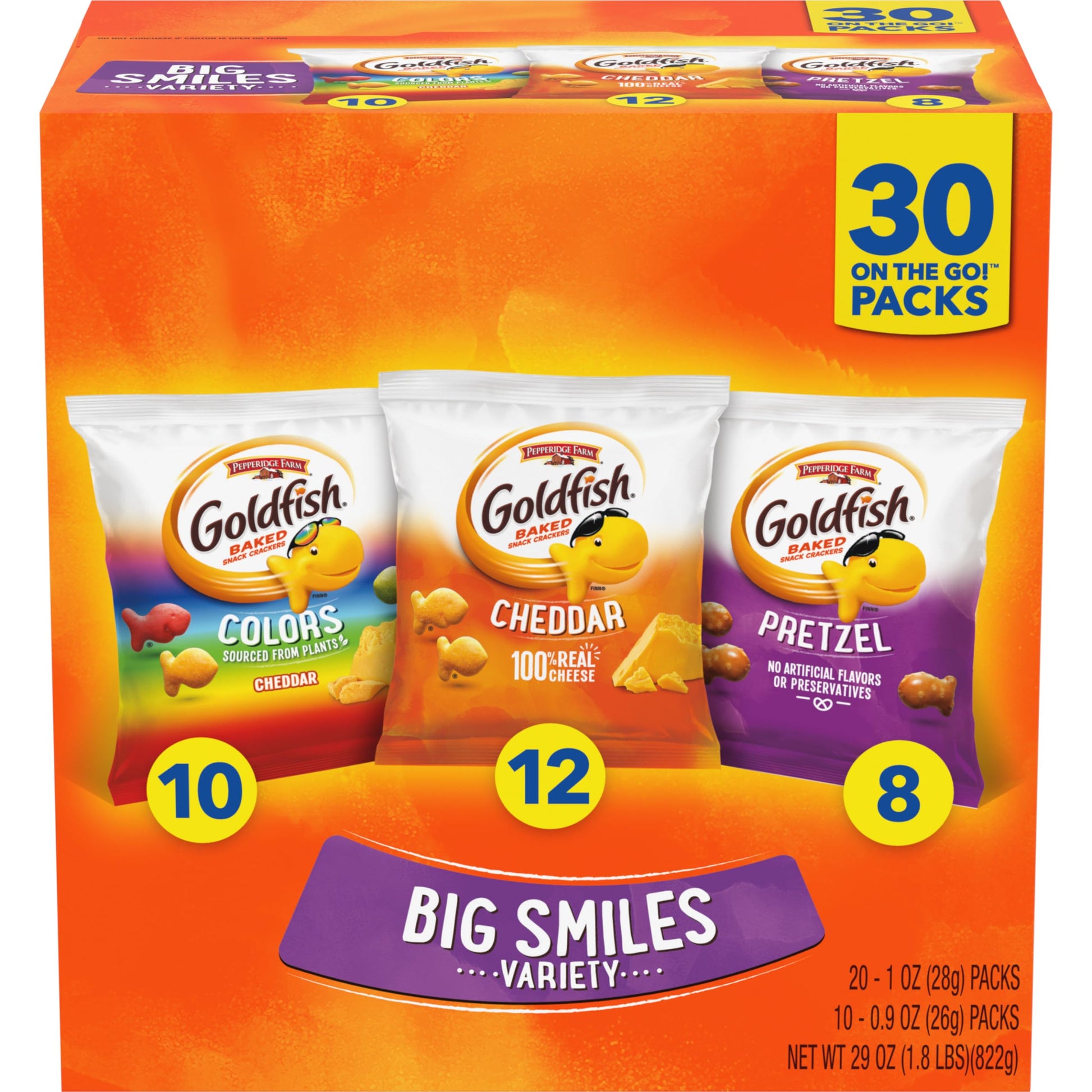 Goldfish Crackers Big Smiles Variety Pack with Cheddar, Colors, and Pretzels, Snack Packs, 30 Ct - Collins Global Snack Store