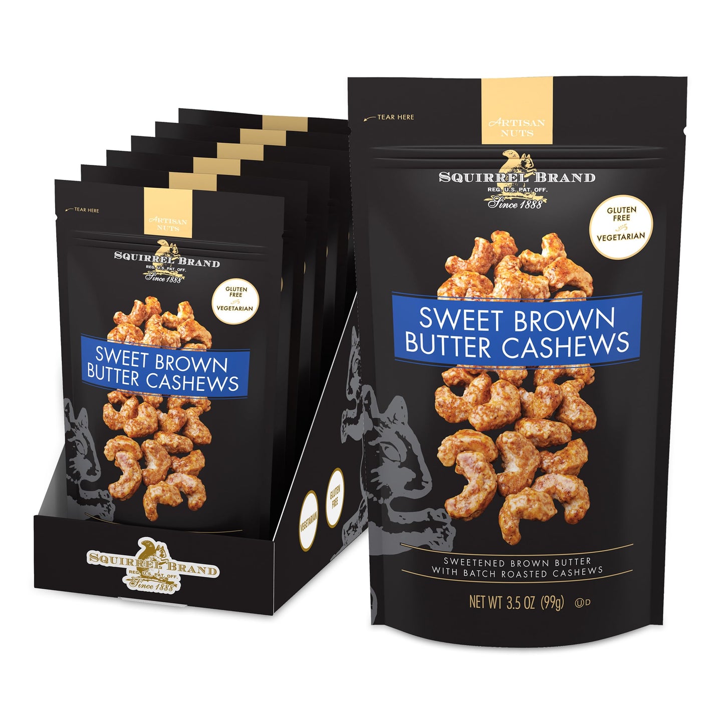 Squirrel Brand Sweet Brown Butter Cashews, 3.5 Ounces Resealable Bag, Gluten Free, Vegetarian