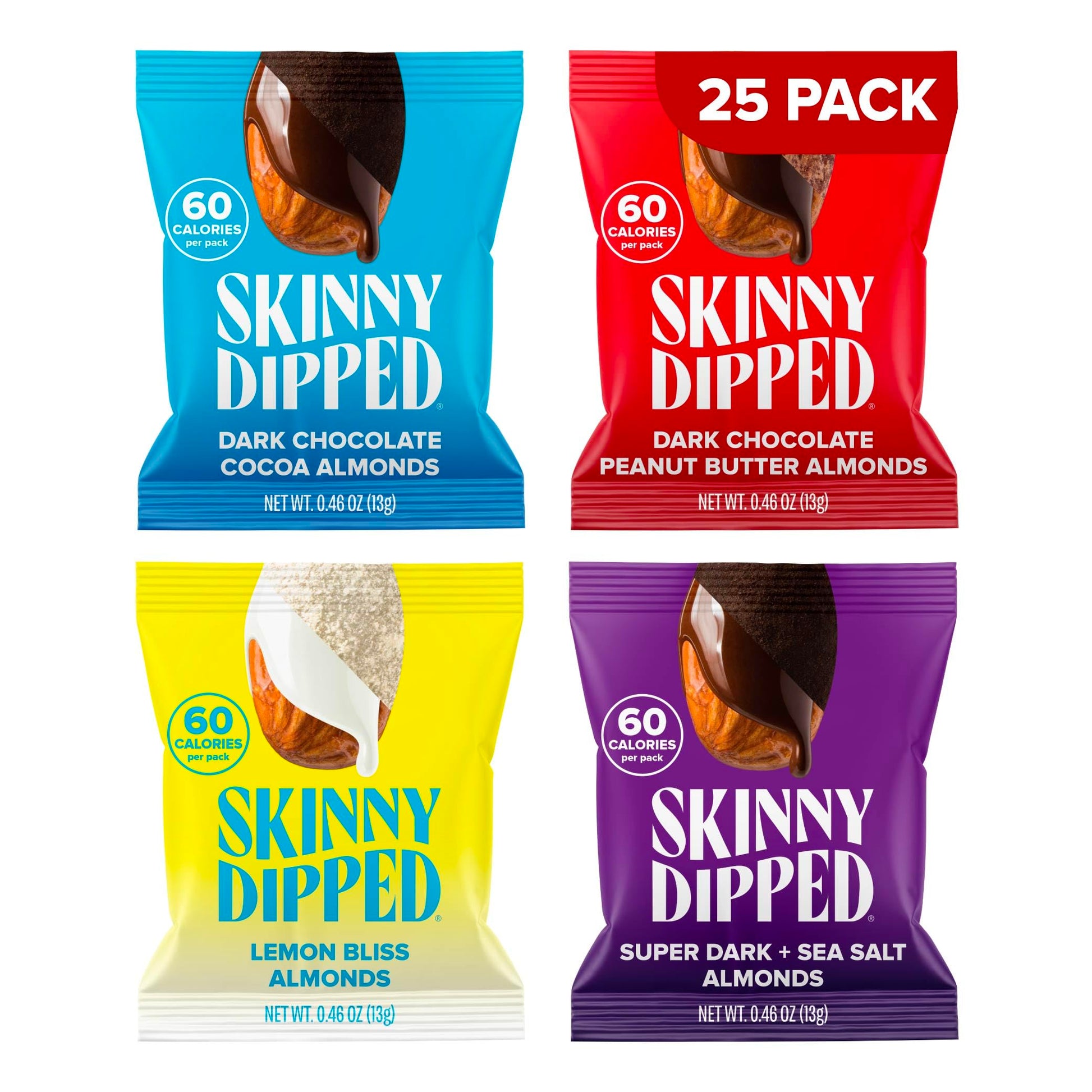 SkinnyDipped Snack Attack Minis Almond Variety Pack, Healthy Snack, Plant Protein, Gluten Free, 0.46 oz Mini Bags, Pack of 25 - Collins Global Snack Store