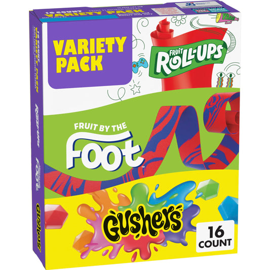 Fruit Roll-Ups, Fruit by the Foot, Gushers, Flavored Snacks Variety Pack, Gluten Free, 16 Ct, 10.2 oz - Collins Global Snack Store