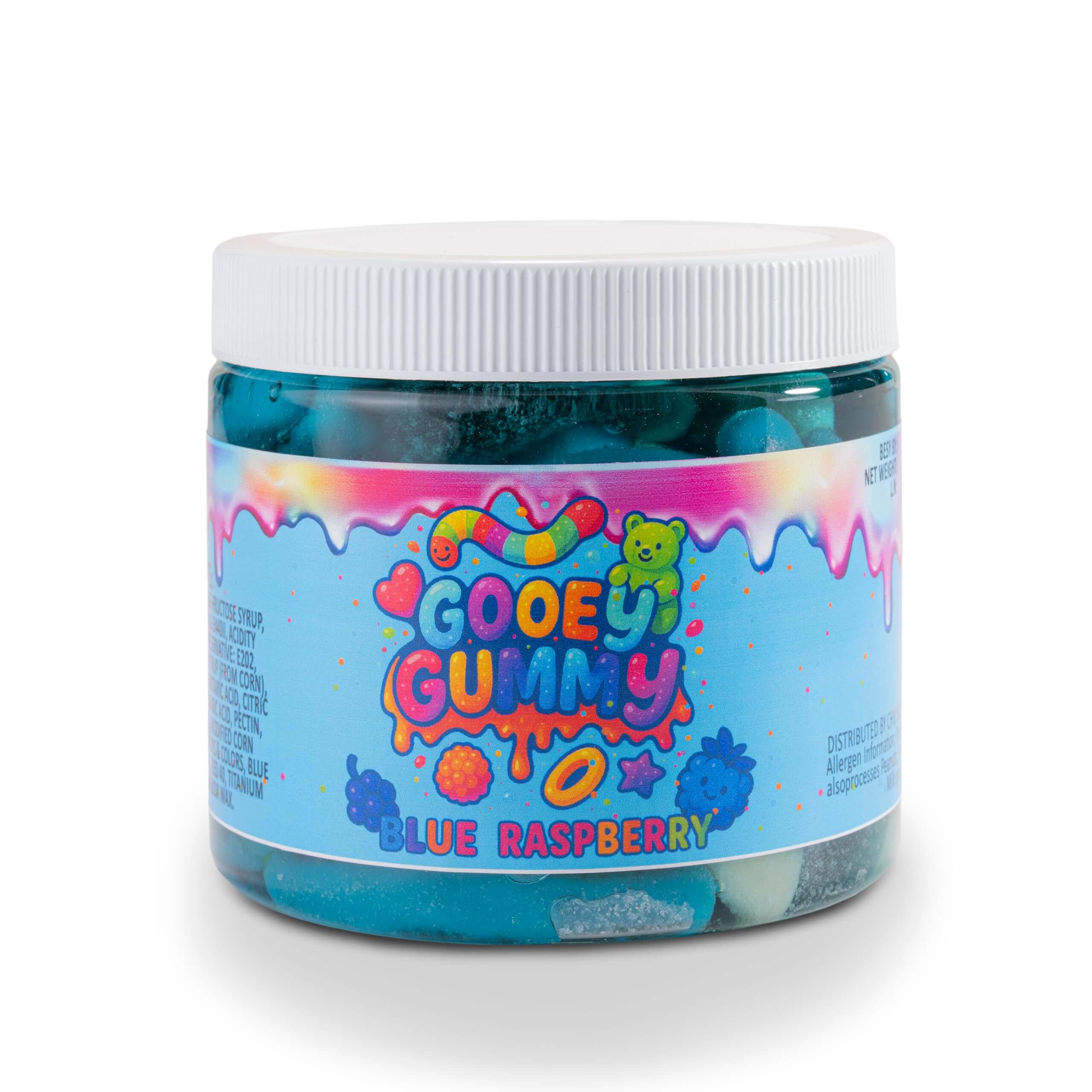 Viral Sour Gooey gummies in a 22 oz jar featuring vibrant blue raspberry flavor.