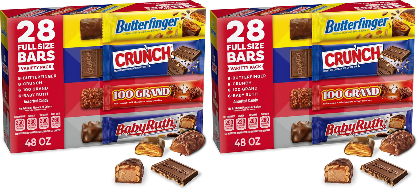 Butterfinger, CRUNCH, Baby Ruth, 100 Grand, Assorted Bulk Candy Bar Variety Pack Full Size, 28-Count, 48 oz - Collins Global Snack Store