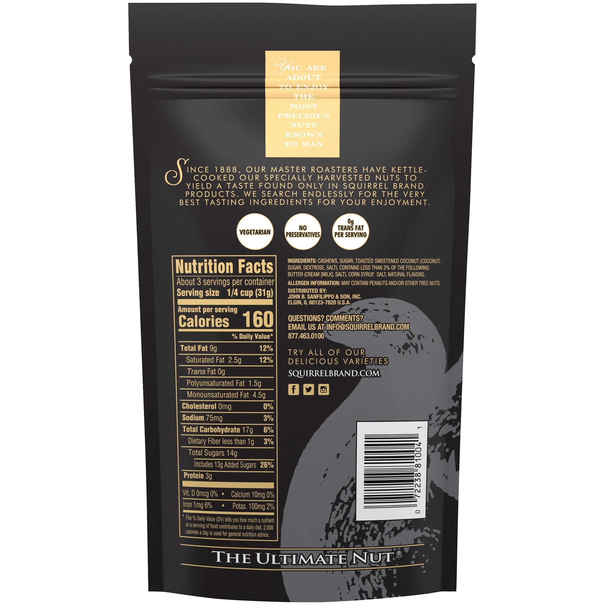 Squirrel Brand Sweet Brown Butter Cashews, 3.5 Ounces Resealable Bag, Gluten Free, Vegetarian - Collins Global Snack Store