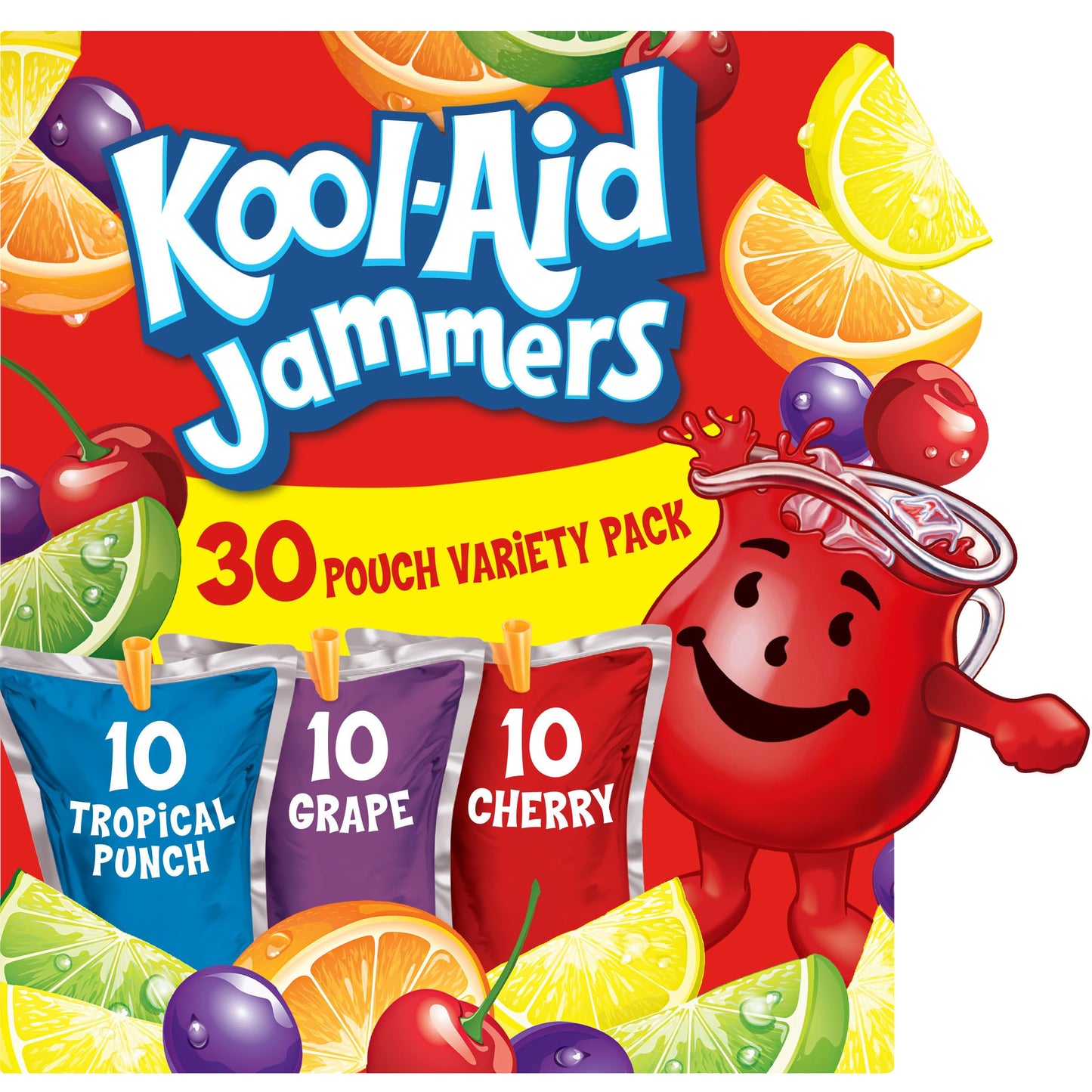 Kool-Aid Jammers Tropical Punch, Grape & Cherry Flavored 0% Juice Drink Variety Pack, 30 ct Box, 6 fl oz Pouches - Collins Global Snack Store