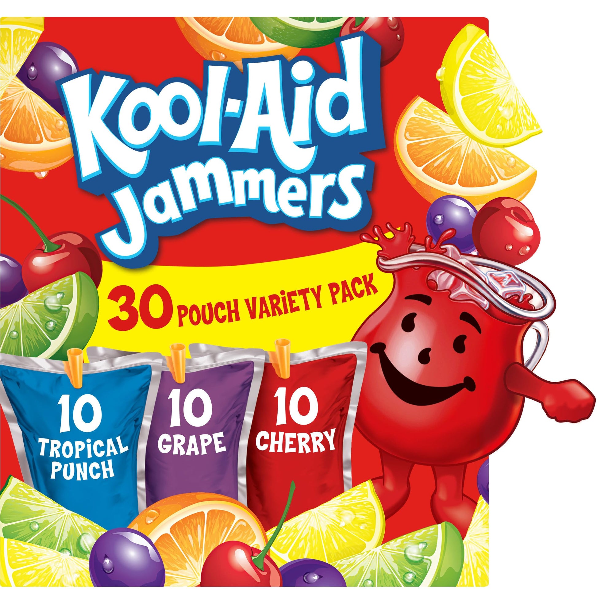 Kool-Aid Jammers Tropical Punch, Grape & Cherry Flavored 0% Juice Drink Variety Pack, 30 ct Box, 6 fl oz Pouches - Collins Global Snack Store