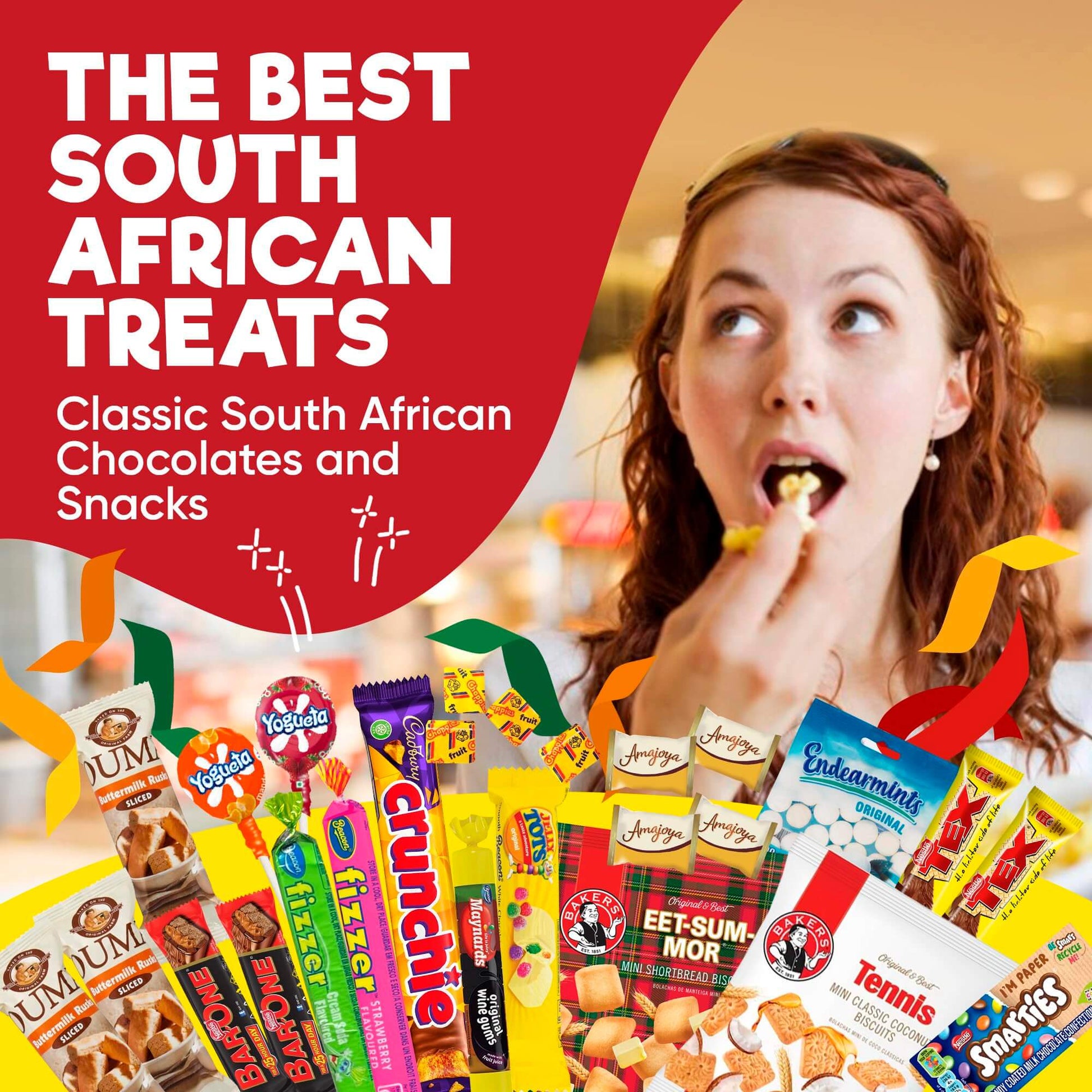 Treats from Home South African Snacks Food Box | Authentic African Candies, Chocolate Bars, & Treats | Perfect Christmas Gifts Includes Ouma Rusks, Smarties, & More | Best South African Products Care Package for Gifting & Sharing - 36 Units - Collins Global Snack Store