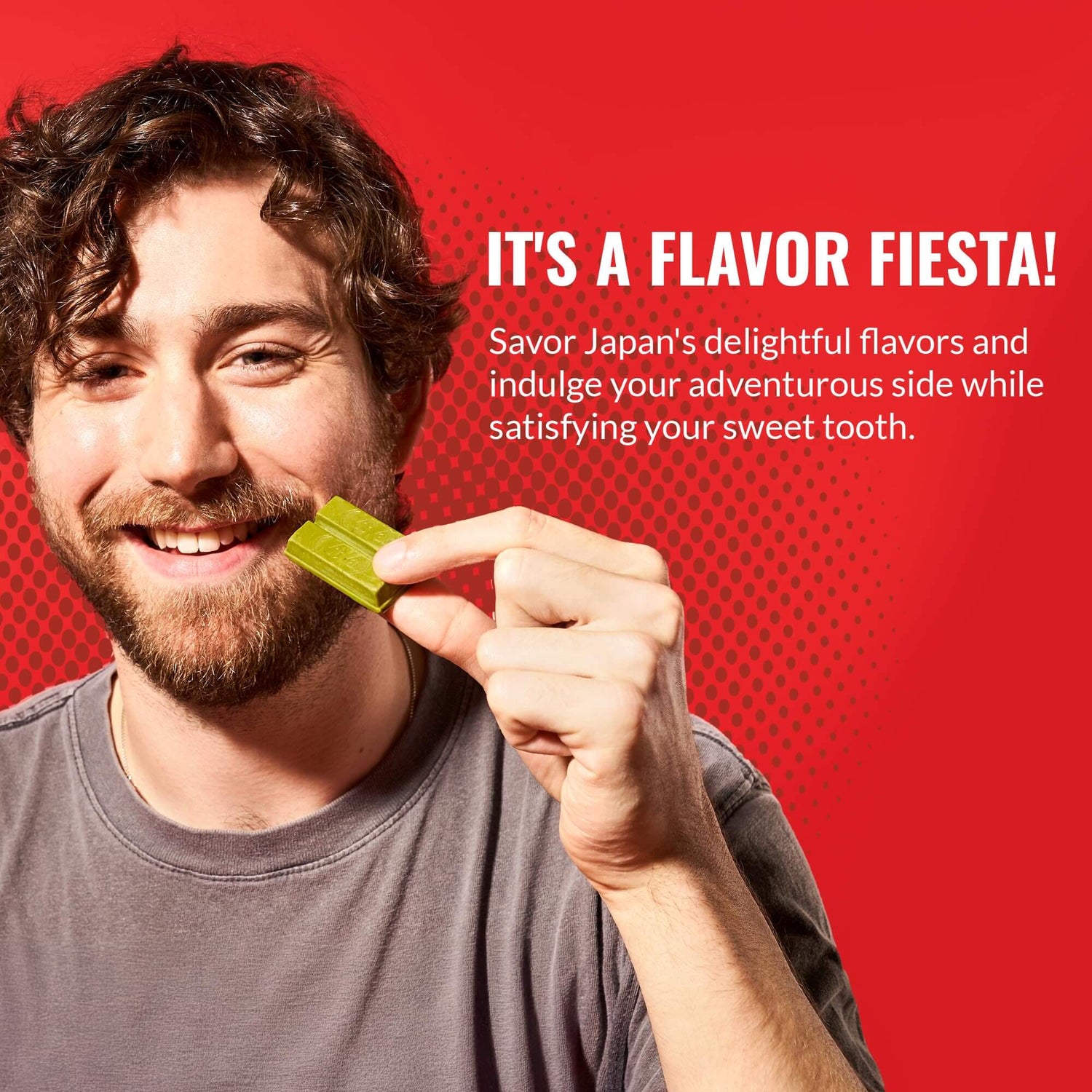  Viral TikTok TokyoTreat Premium Viral Japanese KitKat Variety Pack - Man enjoying a unique Japanese KitKat flavor with a smile.