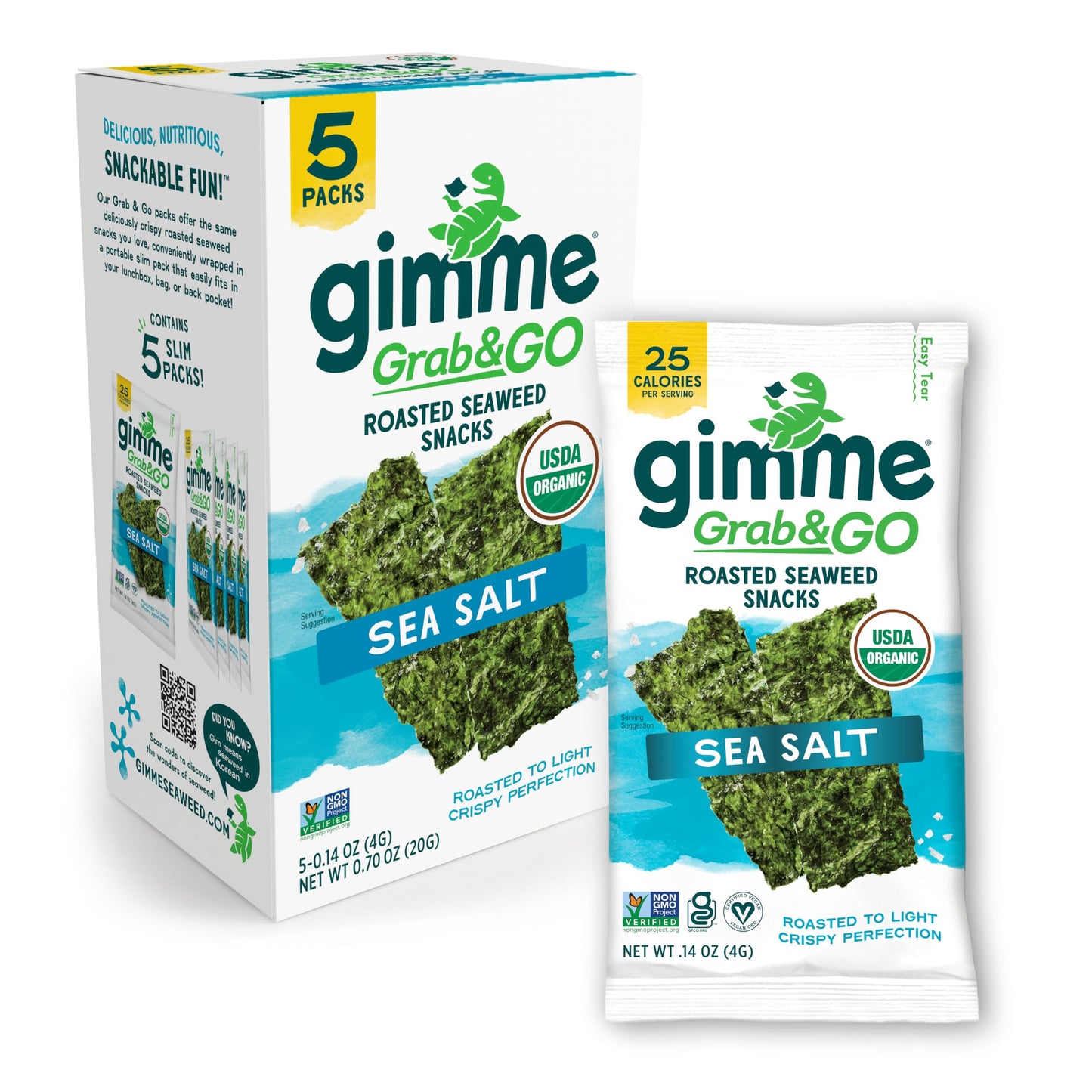 Gimme Seaweed Grab & Go Organic Premium Roasted Seaweed Snacks, Sea Salt & Avocado Oil, 5 Count Trayless, Keto, Vegan, Gluten-Free, Source of Omega3s, Healthy On-The-Go Snack for Kids & Adults - Collins Global Snack Store