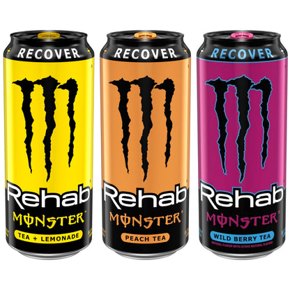 Monster Rehab Peach Tea + Energy, Energy Iced Tea, 15.5 Ounce (Pack of 24) - Collins Global Snack Store