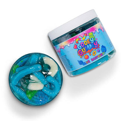 Viral Sour Gooey Gummies in blue raspberry flavor displayed in a jar and a bowl, showcasing their fun shapes and vibrant colors.