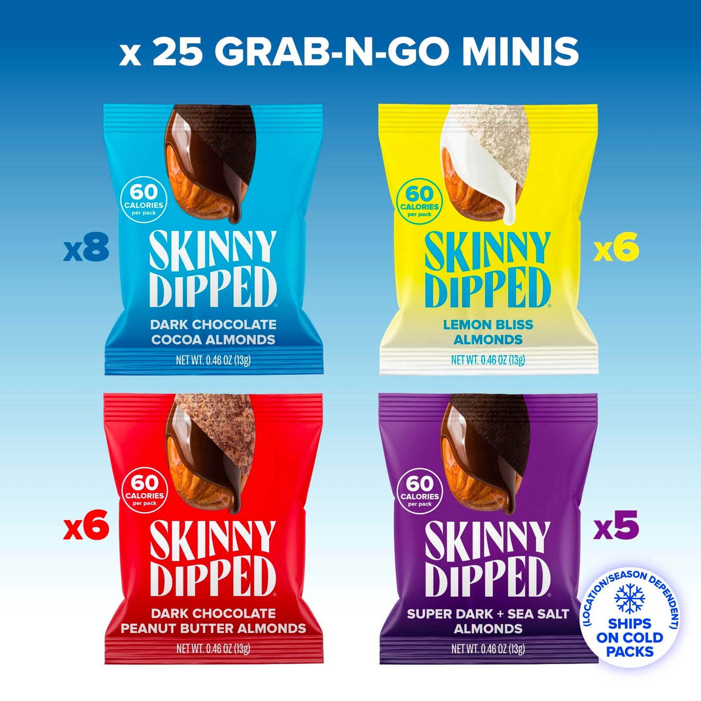 SkinnyDipped Snack Attack Minis Almond Variety Pack, Healthy Snack, Plant Protein, Gluten Free, 0.46 oz Mini Bags, Pack of 25 - Collins Global Snack Store