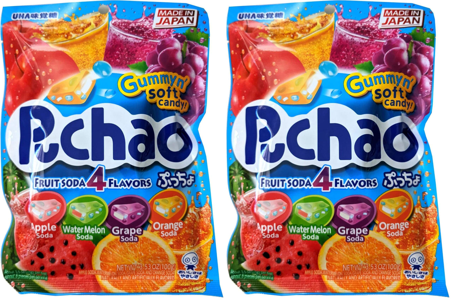 Puchao Japanese Chewy Candy, 4 Fruit Soda Flavors - Apple, Watermelon, Grape, Orange, Soft Candy with Fizzy Gummy Bits Inside, As Seen on TikTok, Variety Pack, Product of Japan - Collins Global Snack Store