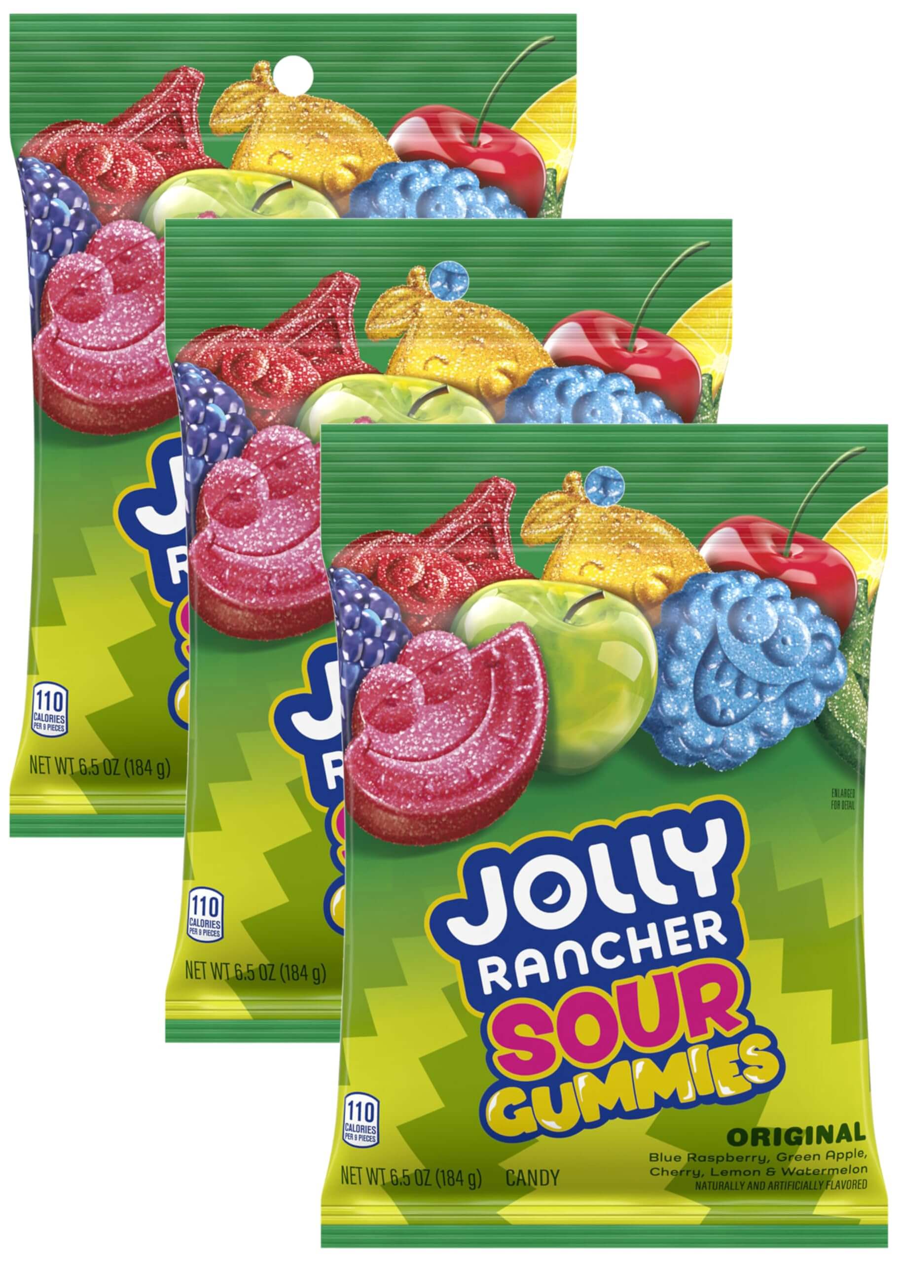 Three bags of JOLLY RANCHER Sour Gummies showcasing assorted fruit flavors and vibrant packaging.