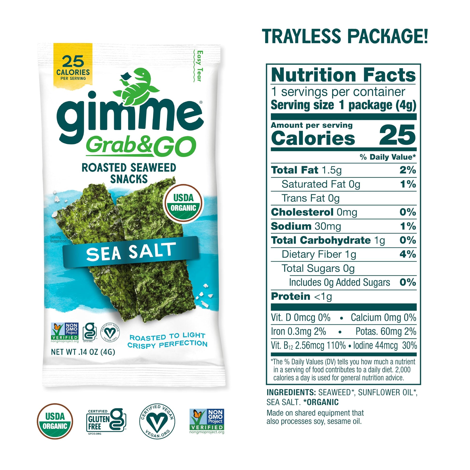 Gimme Seaweed Grab & Go Organic Premium Roasted Seaweed Snacks, Sea Salt & Avocado Oil, 5 Count Trayless, Keto, Vegan, Gluten-Free, Source of Omega3s, Healthy On-The-Go Snack for Kids & Adults - Collins Global Snack Store