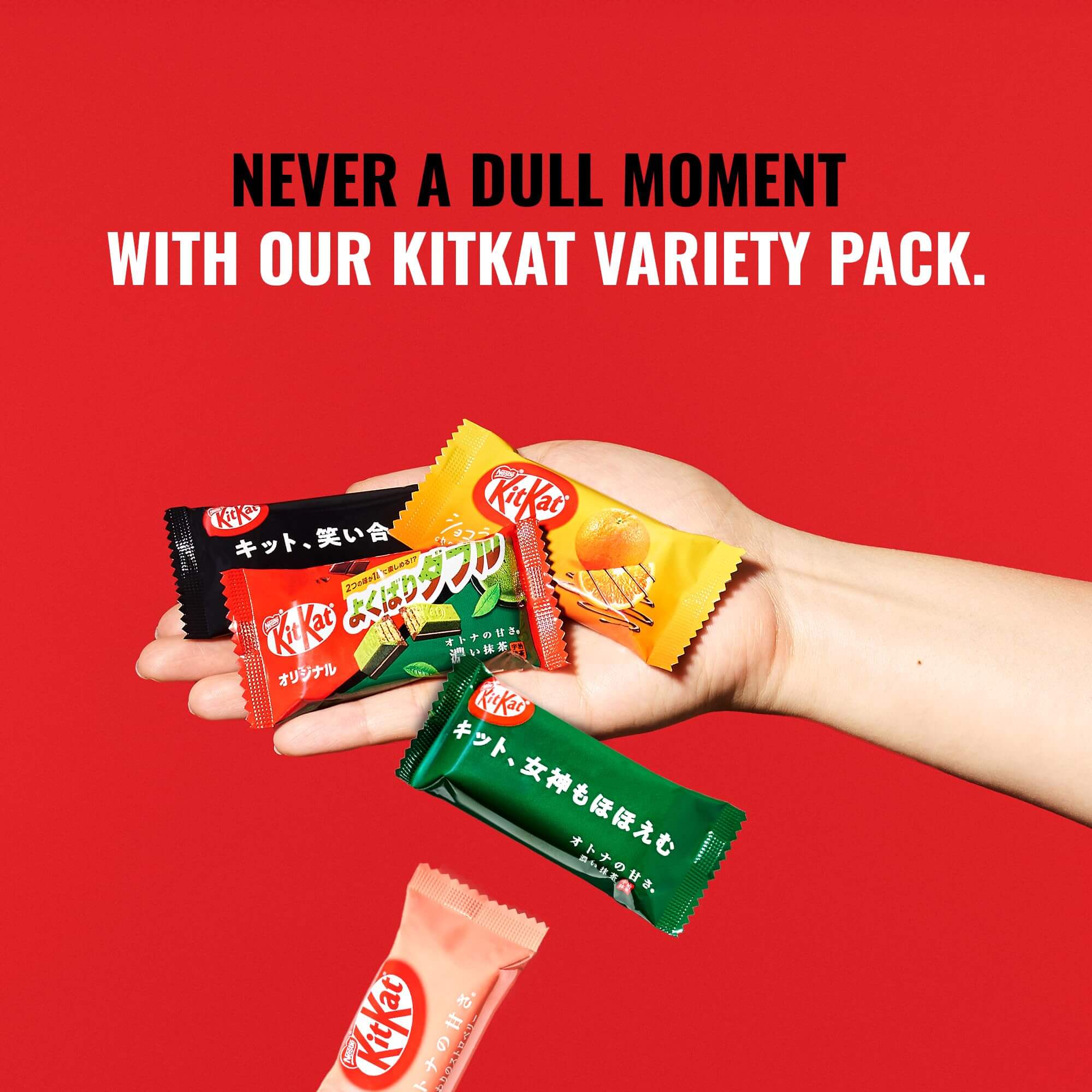 Viral Japanese KitKat Variety Pack held in hand with fun and unique flavors against a bold red background.