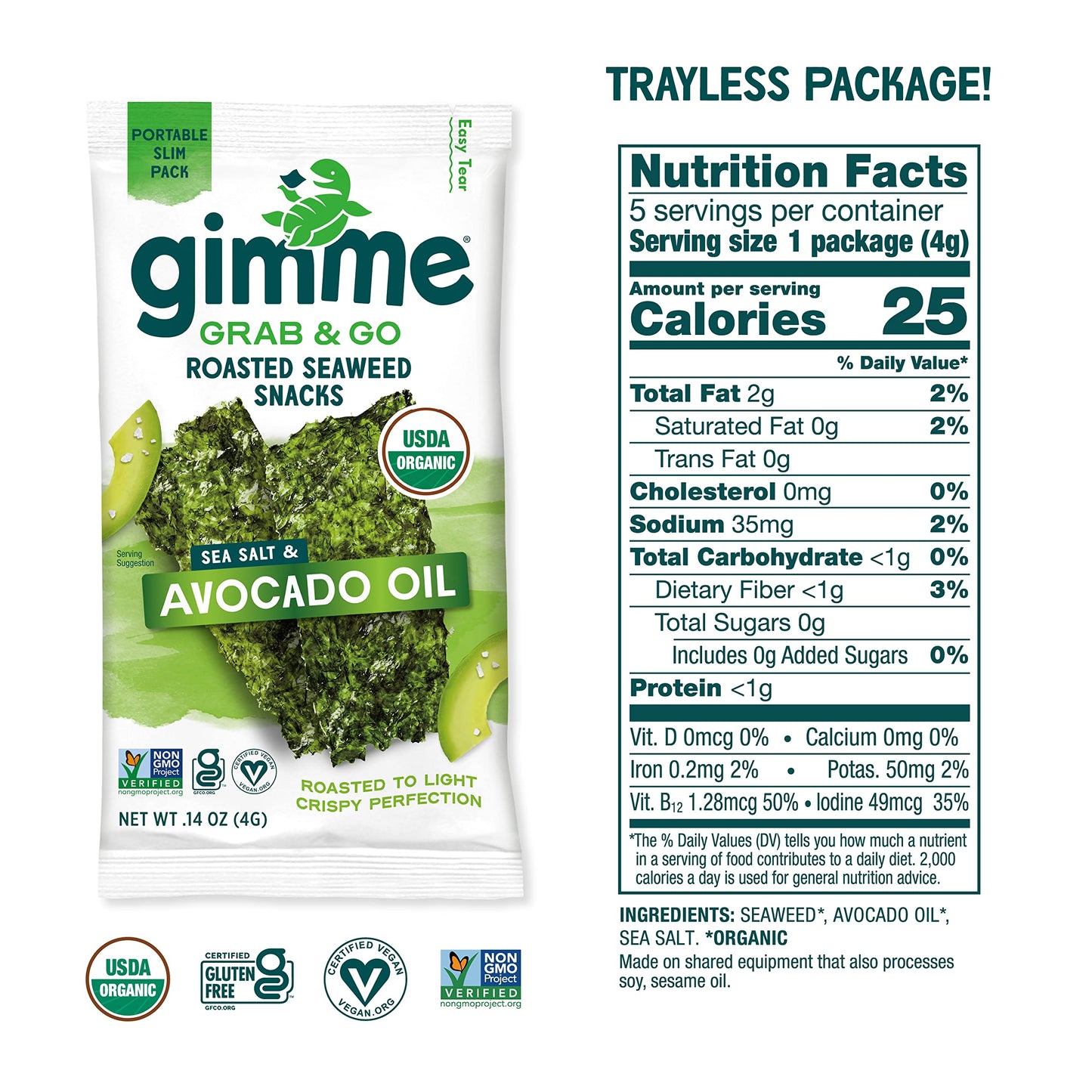 Gimme Seaweed Grab & Go Organic Premium Roasted Seaweed Snacks, Sea Salt & Avocado Oil, 5 Count Trayless, Keto, Vegan, Gluten-Free, Source of Omega3s, Healthy On-The-Go Snack for Kids & Adults - Collins Global Snack Store