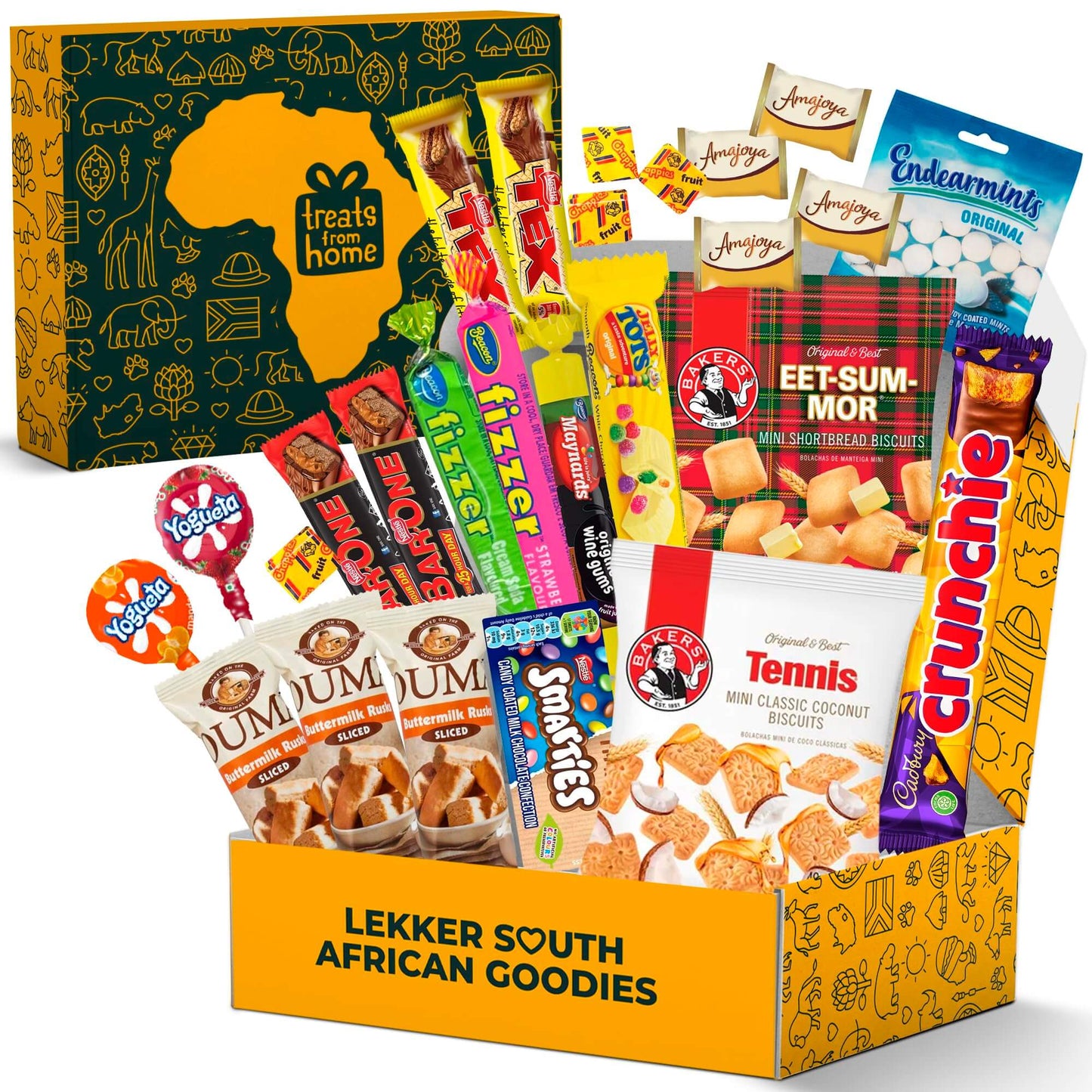 Treats from Home South African Snacks Food Box | Authentic African Candies, Chocolate Bars, & Treats | Perfect Christmas Gifts Includes Ouma Rusks, Smarties, & More | Best South African Products Care Package for Gifting & Sharing - 36 Units - Collins Global Snack Store
