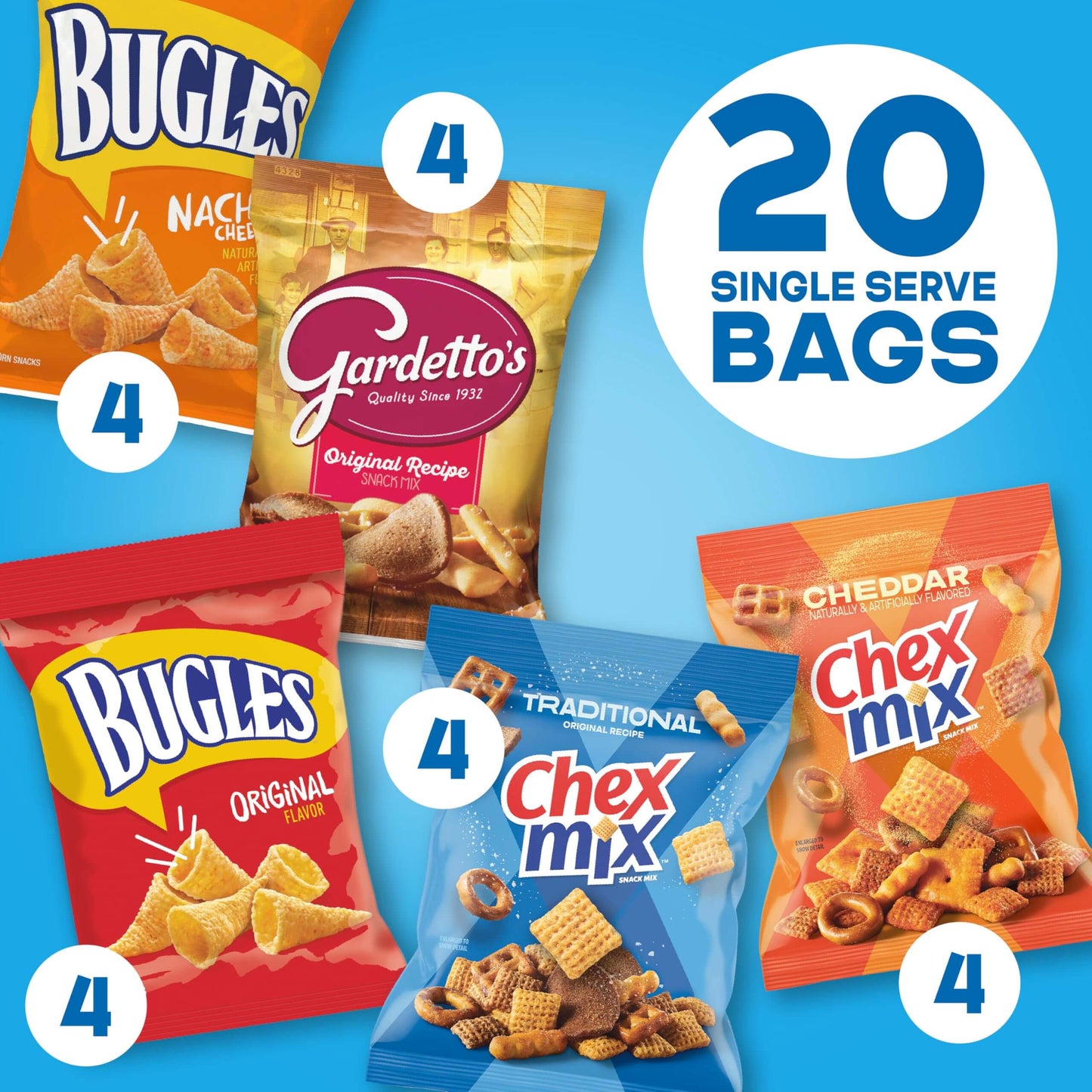 Classic Mix Snack Variety Pack, Bugles Original and Nacho Cheese, Gardetto's Original Recipe, Chex Mix Traditional and Cheddar, 20 Ct, 28 oz - Collins Global Snack Store
